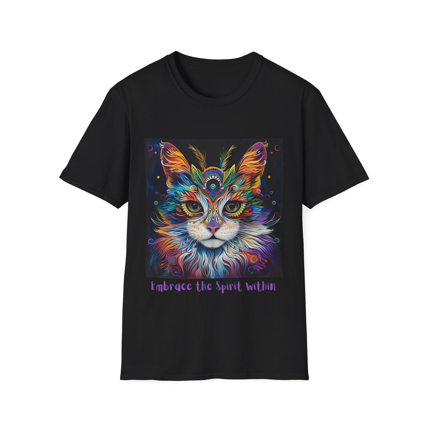 "Embrace the Spirit Within" Cat Shaman Graphic Cat Tee, Cat Lover's Graphic Tee Graphic Unisex T- Shirt, T-Shirt Cat Lovers Gift Softstyle T-Shirt Tee Teeshirt Stylized Cat