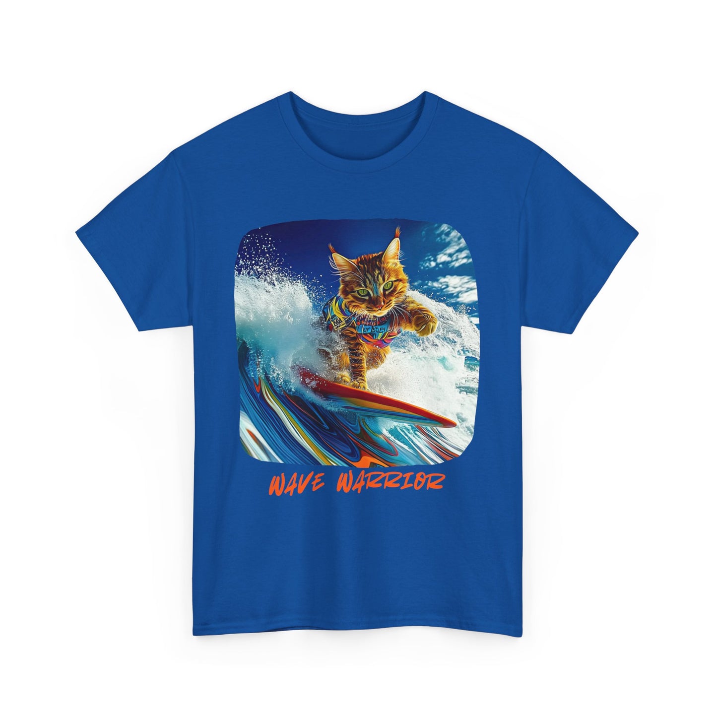 Wave Warrior Surfer Surfing Cat, Cat on Surfboard Graphic Tee reads "Wave Warrior" Surf Life Cat ,Art Gift - Cool Cats Unisex Heavy Cotton Tee T-Shirt