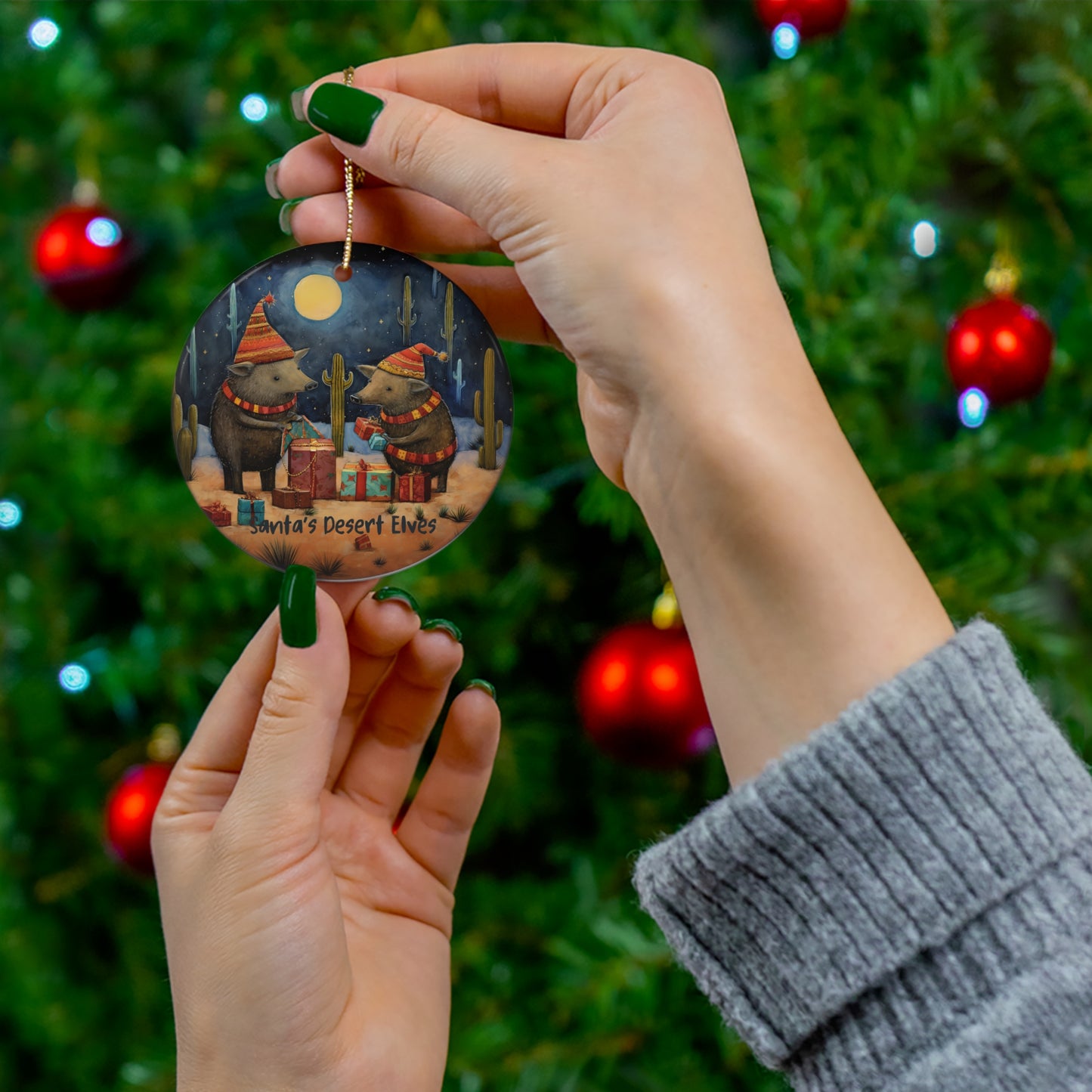 Desert Elves Javelina Desert Art Ornament, Sedona, Arizona, Christmas Gift, Christmas Cactus Gift Ceramic Ornament