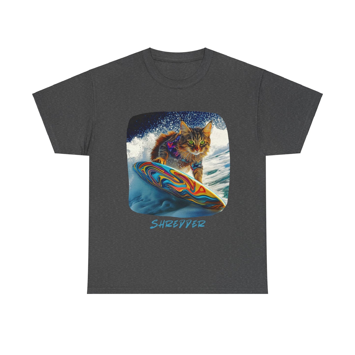 Shredder Surfer Cat, "Shredder" T-shirt, Cat on Surfboard Graphic Tee- Water Sports Cat (V1) Cat Art Gift - Cool Cats Unisex Heavy Cotton Tee T-Shirt