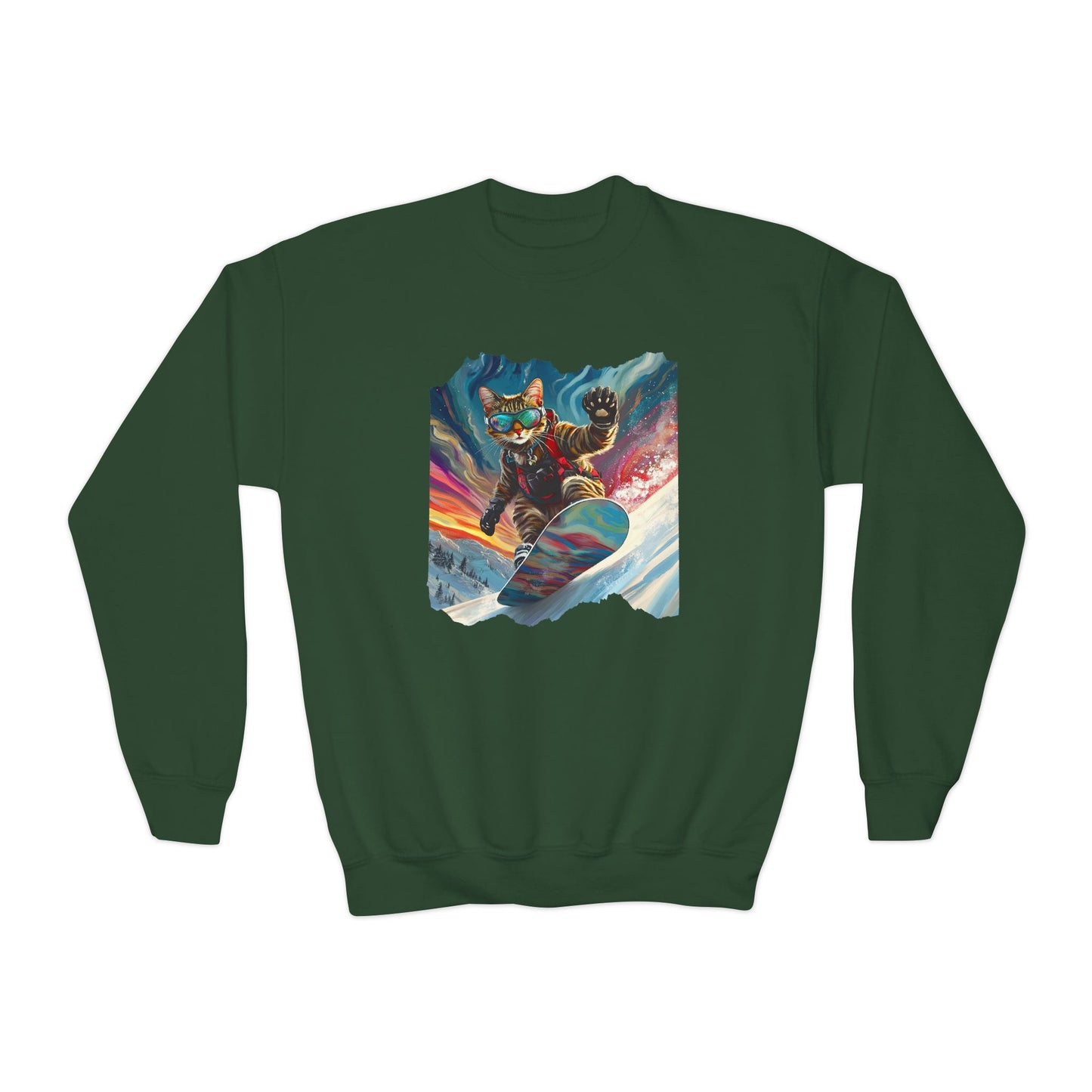 Shredding Snowboard Cat for Kids Sweatshirt - Colorful Snowboard Kitty, Kids Youth Crewneck Sweatshirt