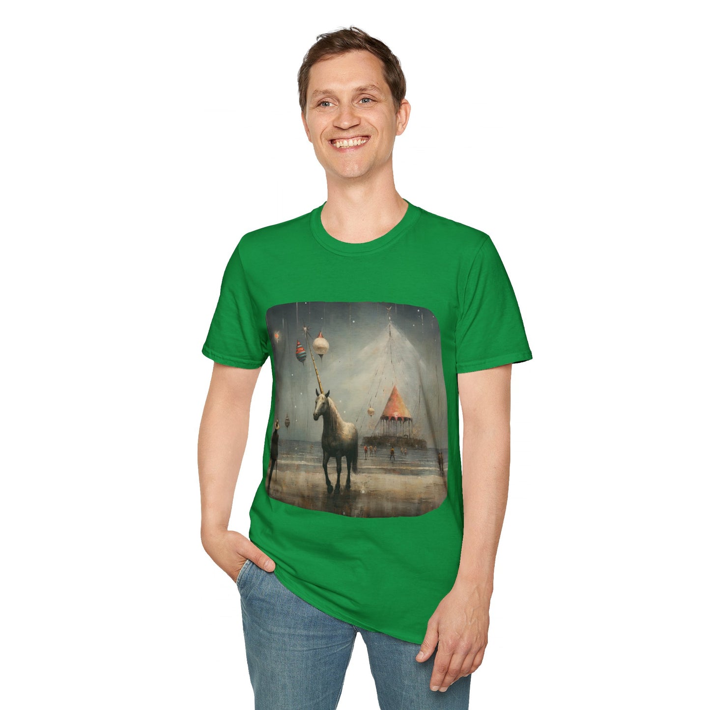 Unicorn with Holiday Ornament, Unicorn Christmas Gift Unisex Tee Shirt, T-Shirt Softstyle T-Shirt