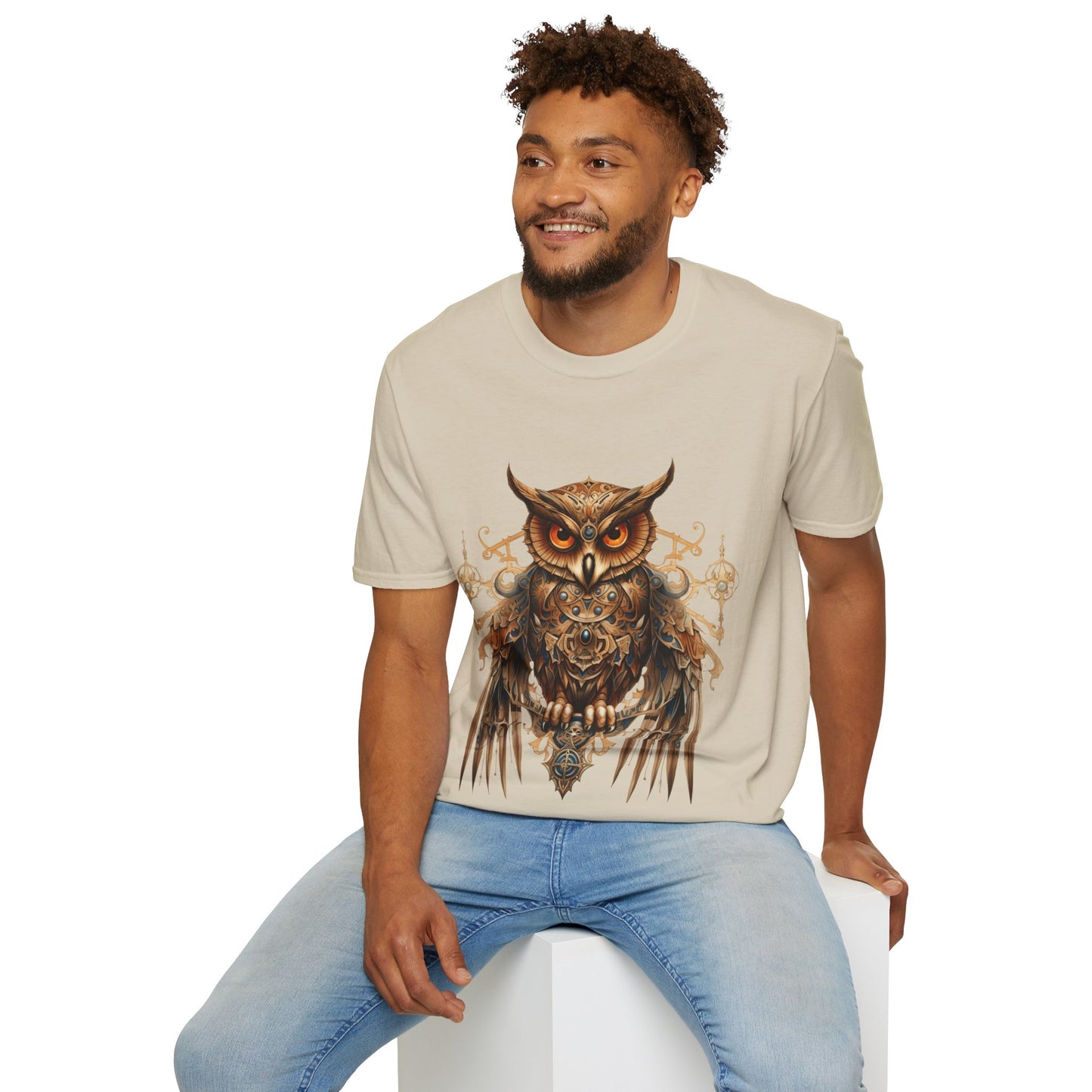 Steampunk Art Deco Style Owl II, Golden Owl Shirt, 1920's Owl Gift Unisex Tee Shirt, T-Shirt Softstyle T-Shirt Tee Teeshirt