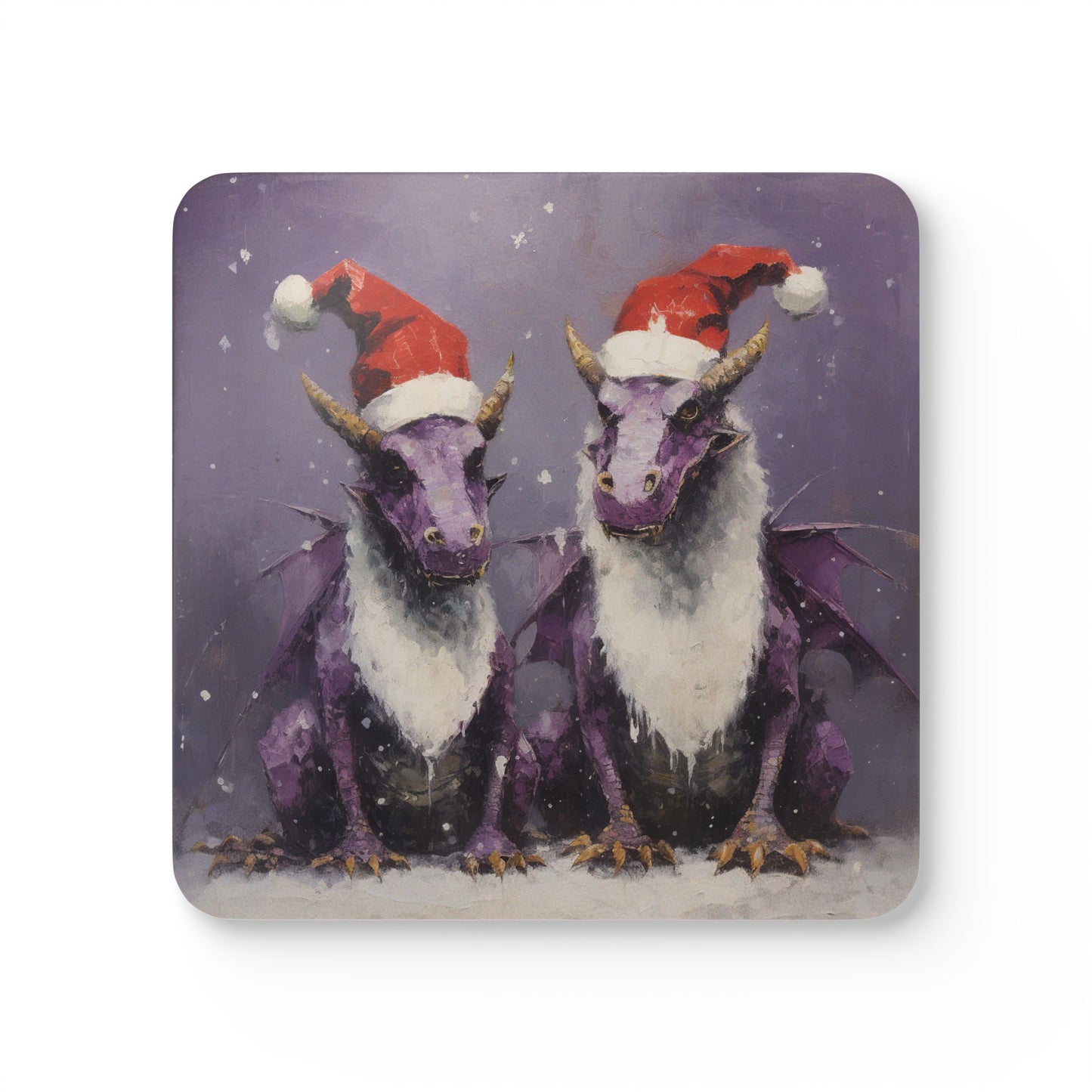 Purple Dragons, Dragon, Magical Holiday Santa Hat Dragons Gift Corkwood Coaster Set, Bearded Dragon, Fantasy Art Dragon in Santa Hat
