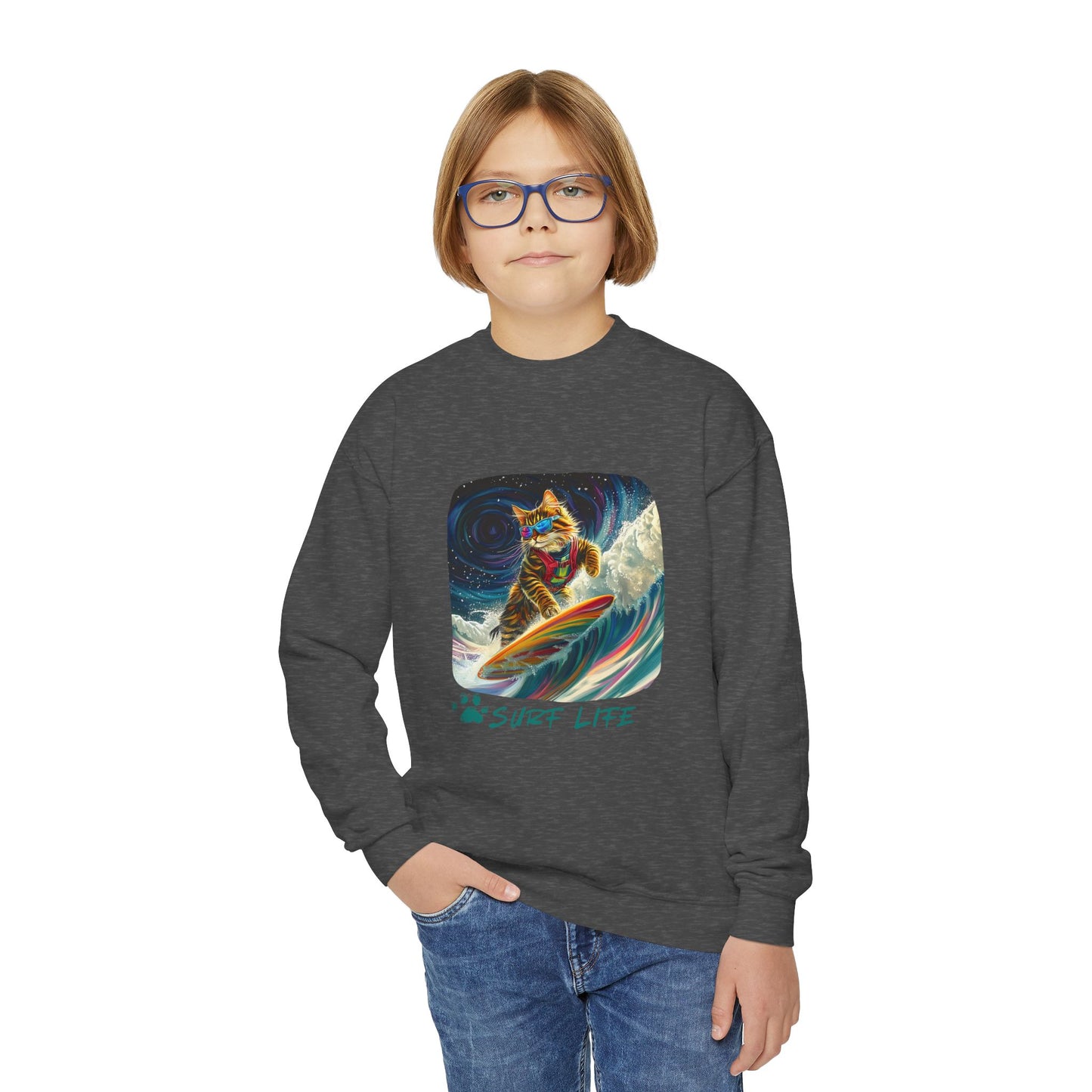 Surf Life Surfer Cat for Kids Sweatshirt - Kitty Cat Shredding the Weves-Youth Crewneck Sweatshirt -Christmas Cat Gift