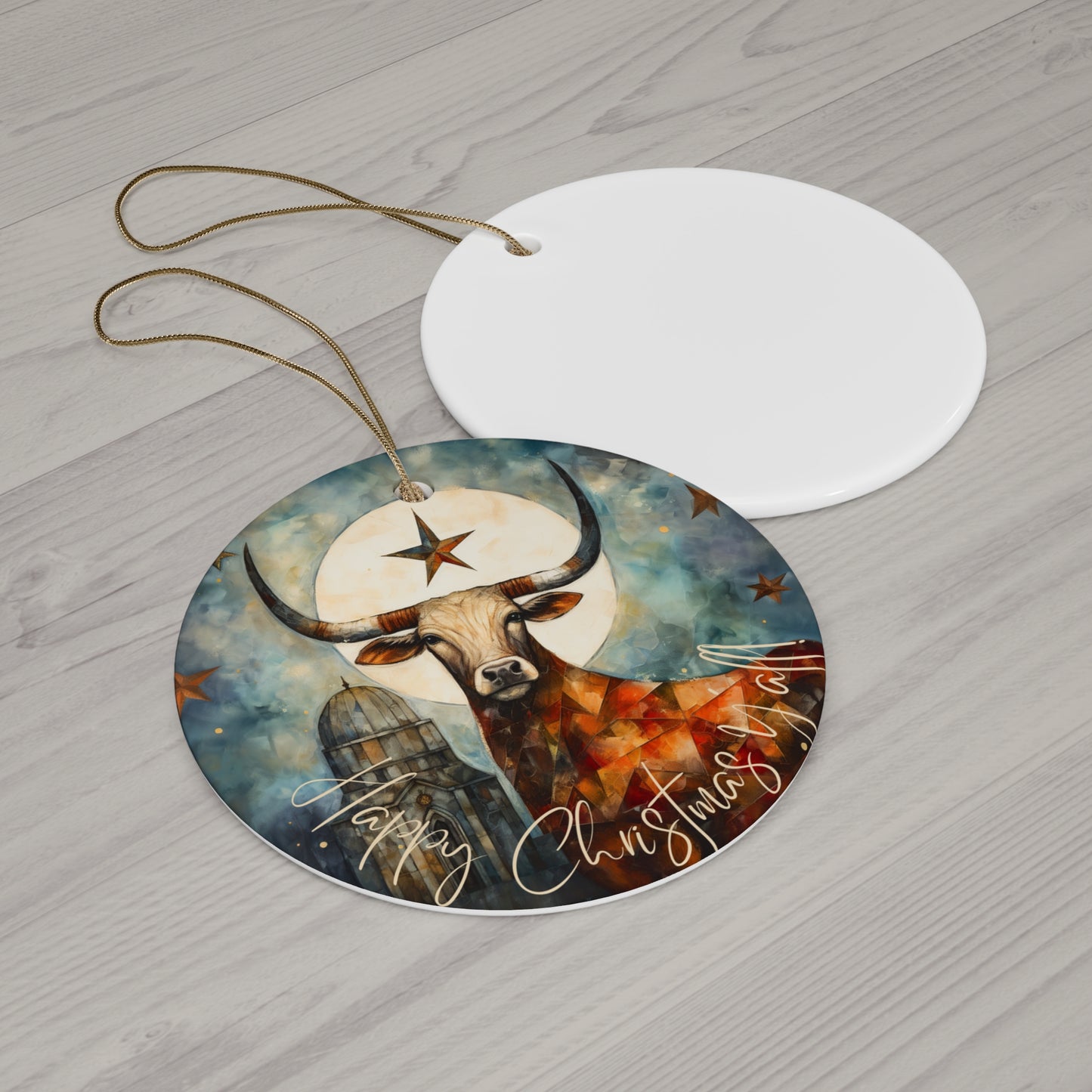 Texas Longhorn Texas Star Christmas Greeting Ceramic Tree Ornament. Merry Christmas Y'all Southern Greeting. Texas Christmas Gift