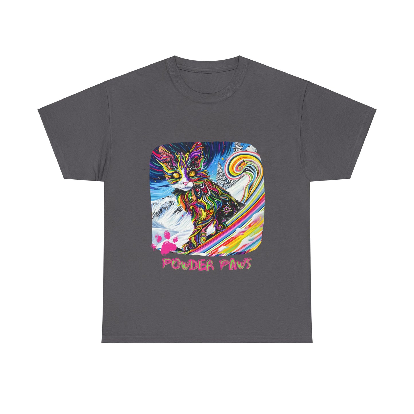 Powder Paws Snow, Snowboard Winter Sports Cat - Cat Art Graphic Tee, Ski Gift - Cool Cats Unisex Heavy Cotton Tee T-Shirt