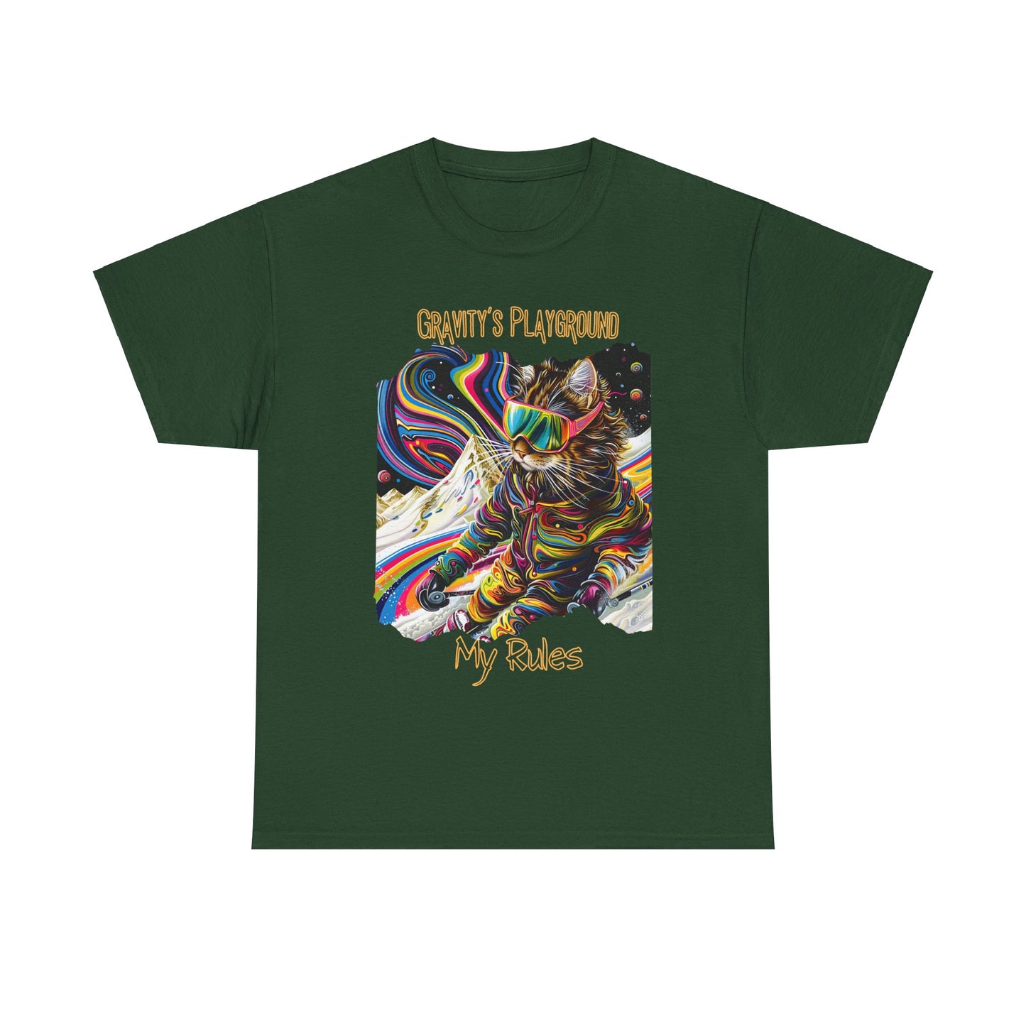 Gravity's Playground, MY Rules - Ski, Snow, Snowboard Winter Sports Cat (V2) Cat Art Gift -Cool Cats Graphic Tee Unisex Heavy Cotton Tee T-Shirt