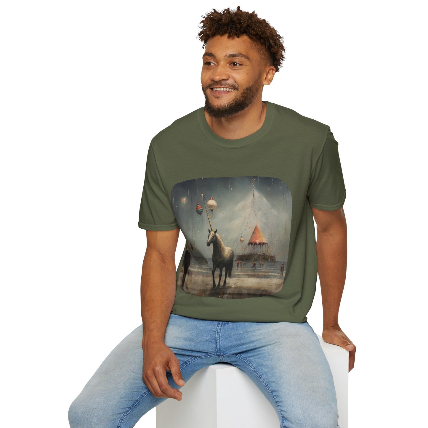 Unicorn with Holiday Ornament, Unicorn Christmas Gift Unisex Tee Shirt, T-Shirt Softstyle T-Shirt