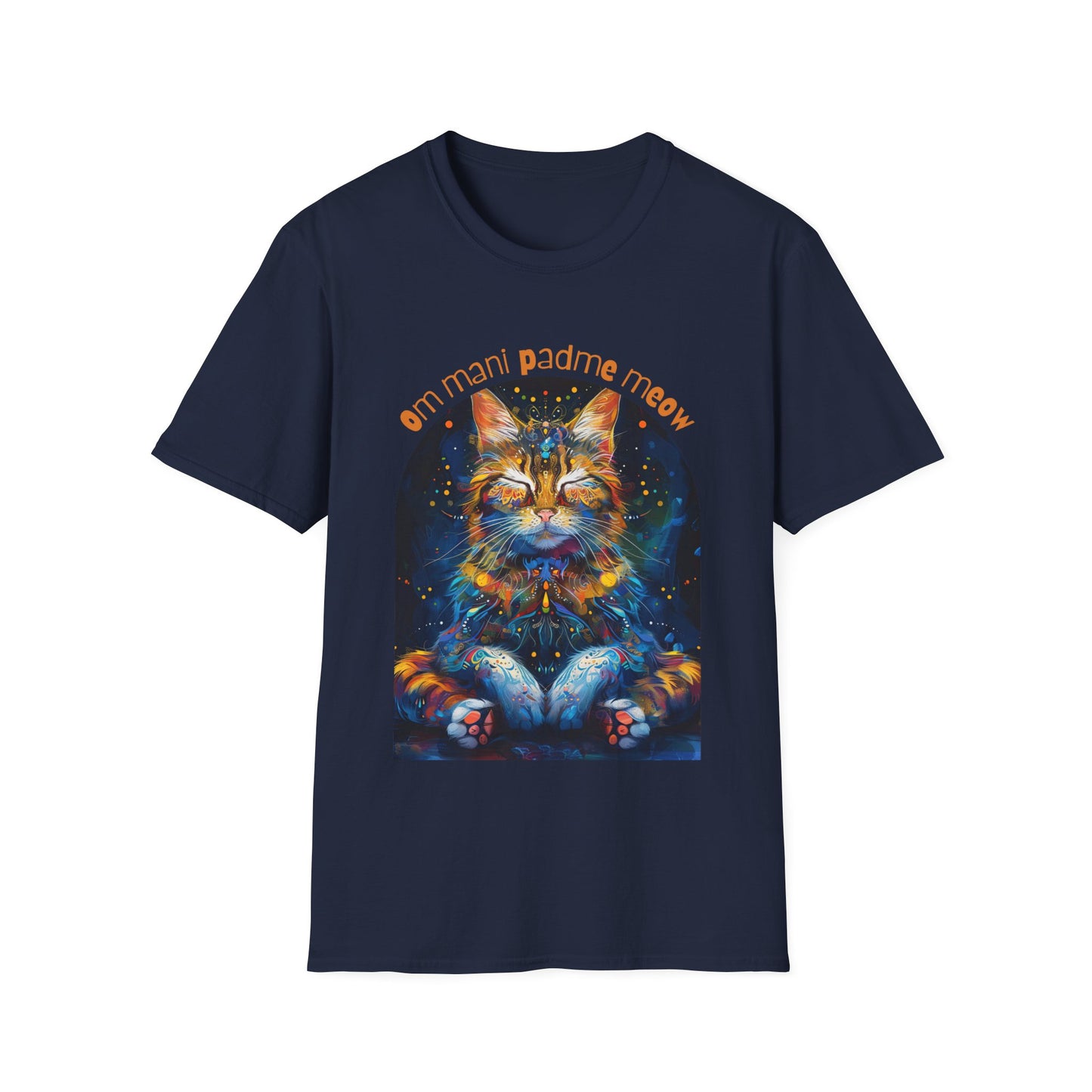 Om Mani Padme Meow (Ver 3) - Meditating Cat Shirt, Cat Lover's Graphic Tee Graphic Unisex T- Shirt, T-Shirt Cat Lovers Gift Softstyle T-Shirt Tee Teeshirt Stylized Cat