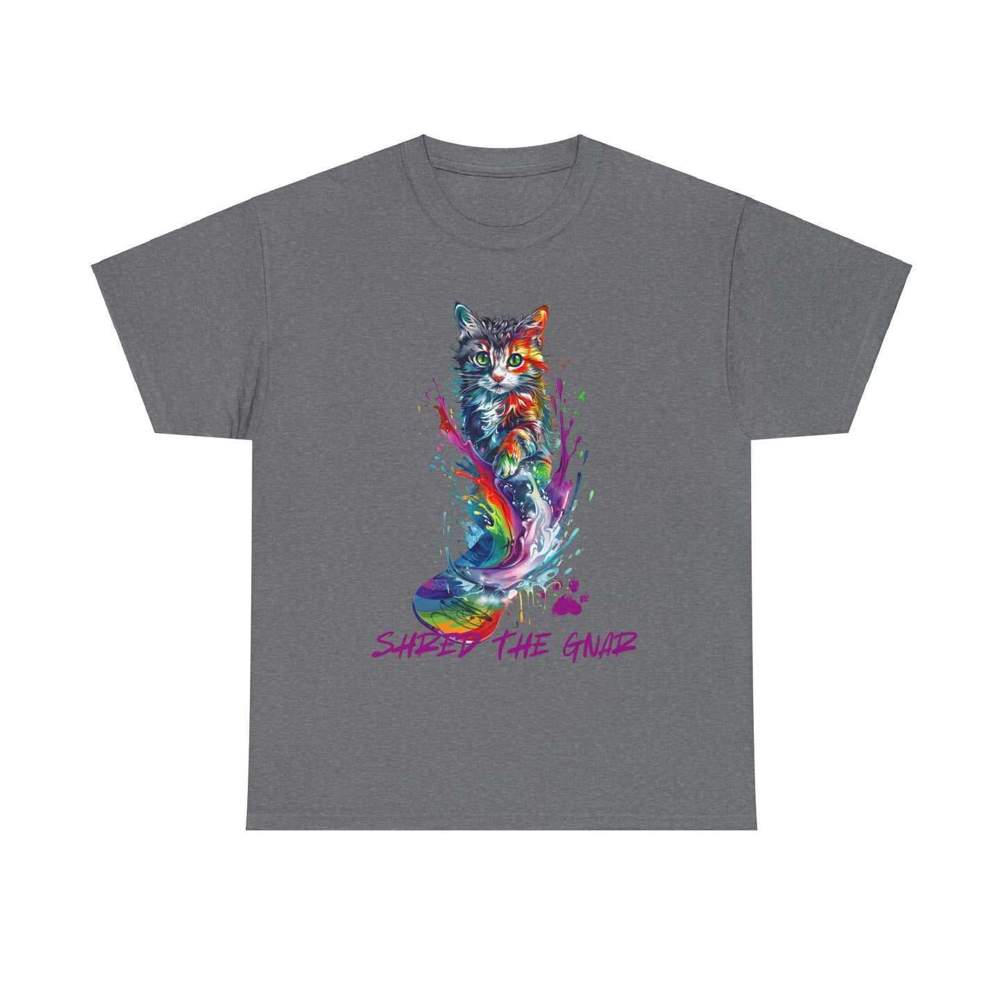 Shred the Gnar Snowboard Cat Graphic Tee, Winter Cat Art Gift - Cool Cats Unisex Heavy Cotton Tee T-Shirt