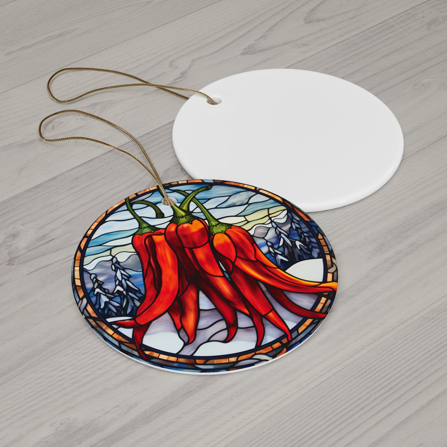 Chile Pepper, New Mexico, Santa Fe, Chile Ristra Keepsake Ornament, Ceramic Printed Ornament , Stained Glass Style Chile Christmas Gift