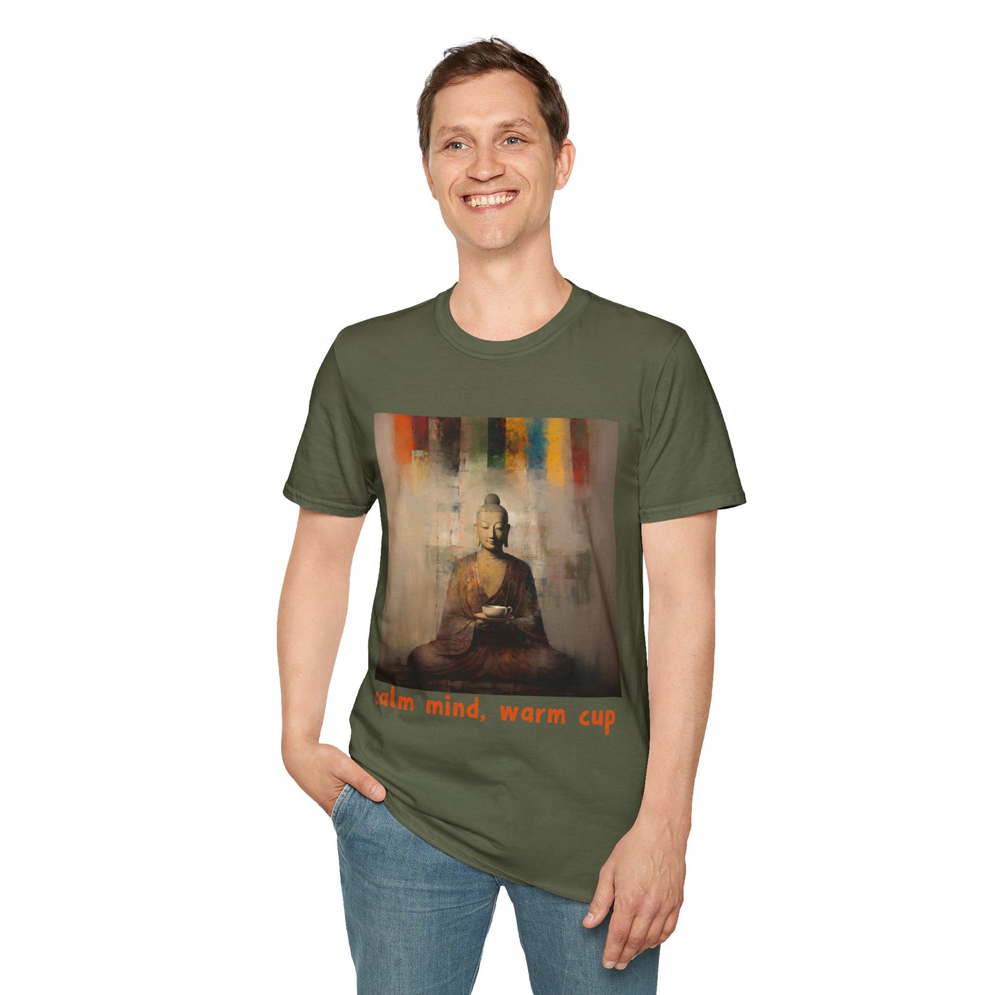 Calm MInd, Warm Cup - Coffee Tea Lover Buda Buddha Budda Unisex Graphic Tee - Jersey Short Sleeve Tee Shirt, Softstyle T-Shirt Men Woman