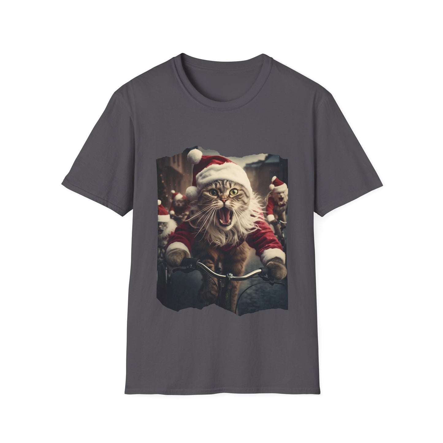 Screaming Cats on Bikes Holiday Christmas Cat Shirt, Cat Lover's Graphic Tee Graphic Unisex T- Shirt, T-Shirt Cat Lovers Gift Softstyle T-Shirt Tee Christmas JumperTeeshirt Stylized Cat