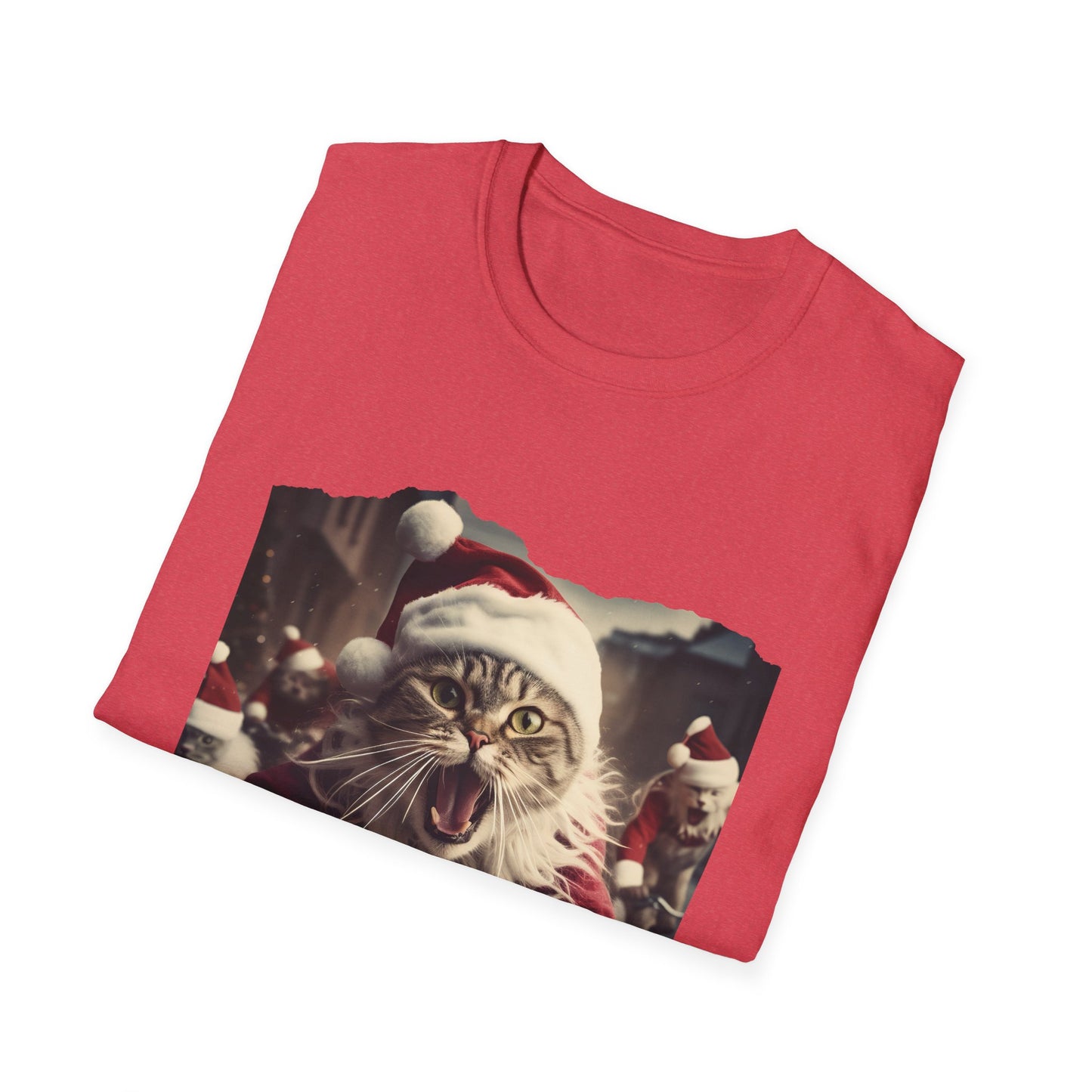 Screaming Cats on Bikes Holiday Christmas Cat Shirt, Cat Lover's Graphic Tee Graphic Unisex T- Shirt, T-Shirt Cat Lovers Gift Softstyle T-Shirt Tee Christmas JumperTeeshirt Stylized Cat