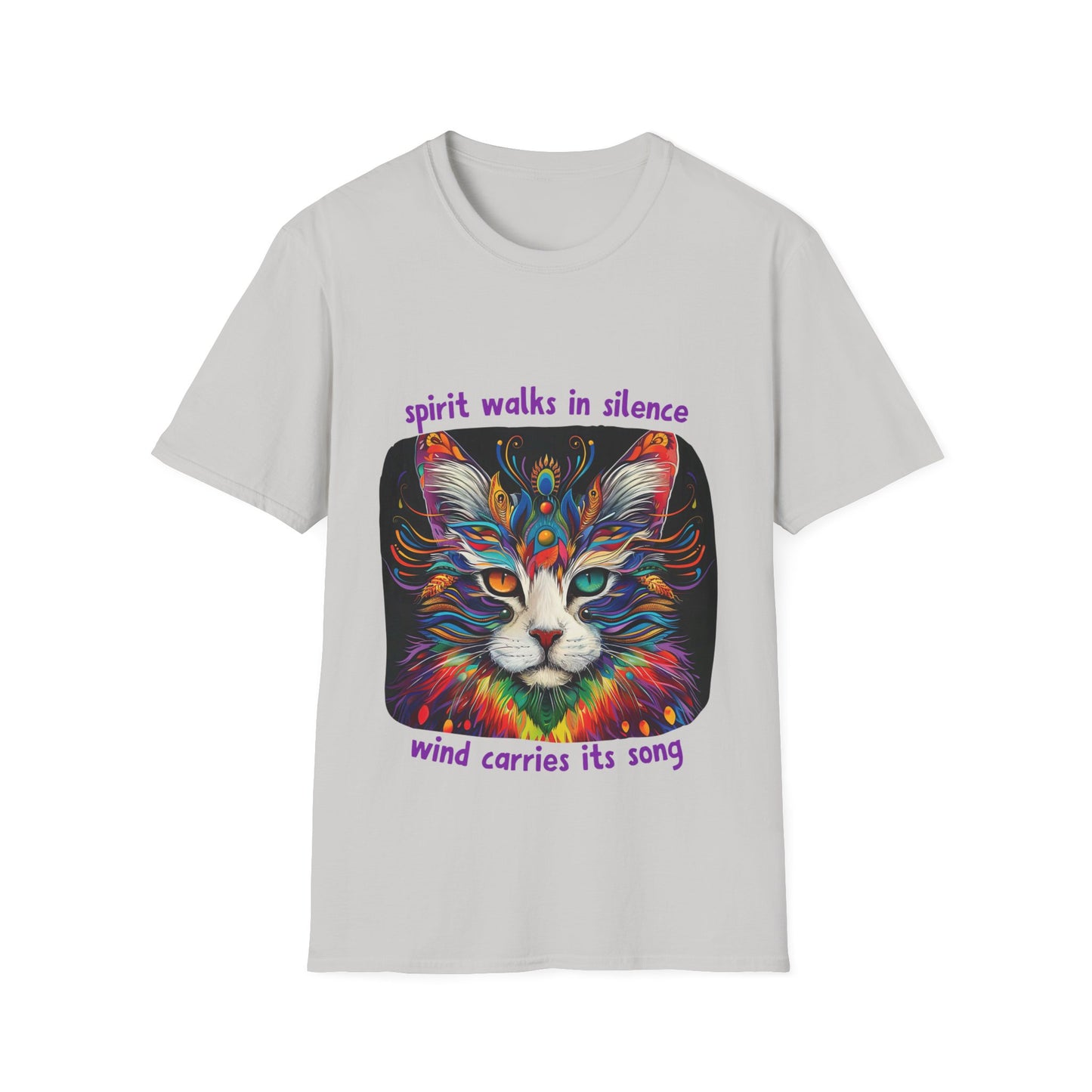 Spirit Walks in Silence, Wind Carries its Song - Shaman Graphic Cat Tee, Cat Lover's Graphic Tee Graphic Unisex T- Shirt, T-Shirt Cat Lovers Gift Softstyle T-Shirt Tee Teeshirt Stylized Cat