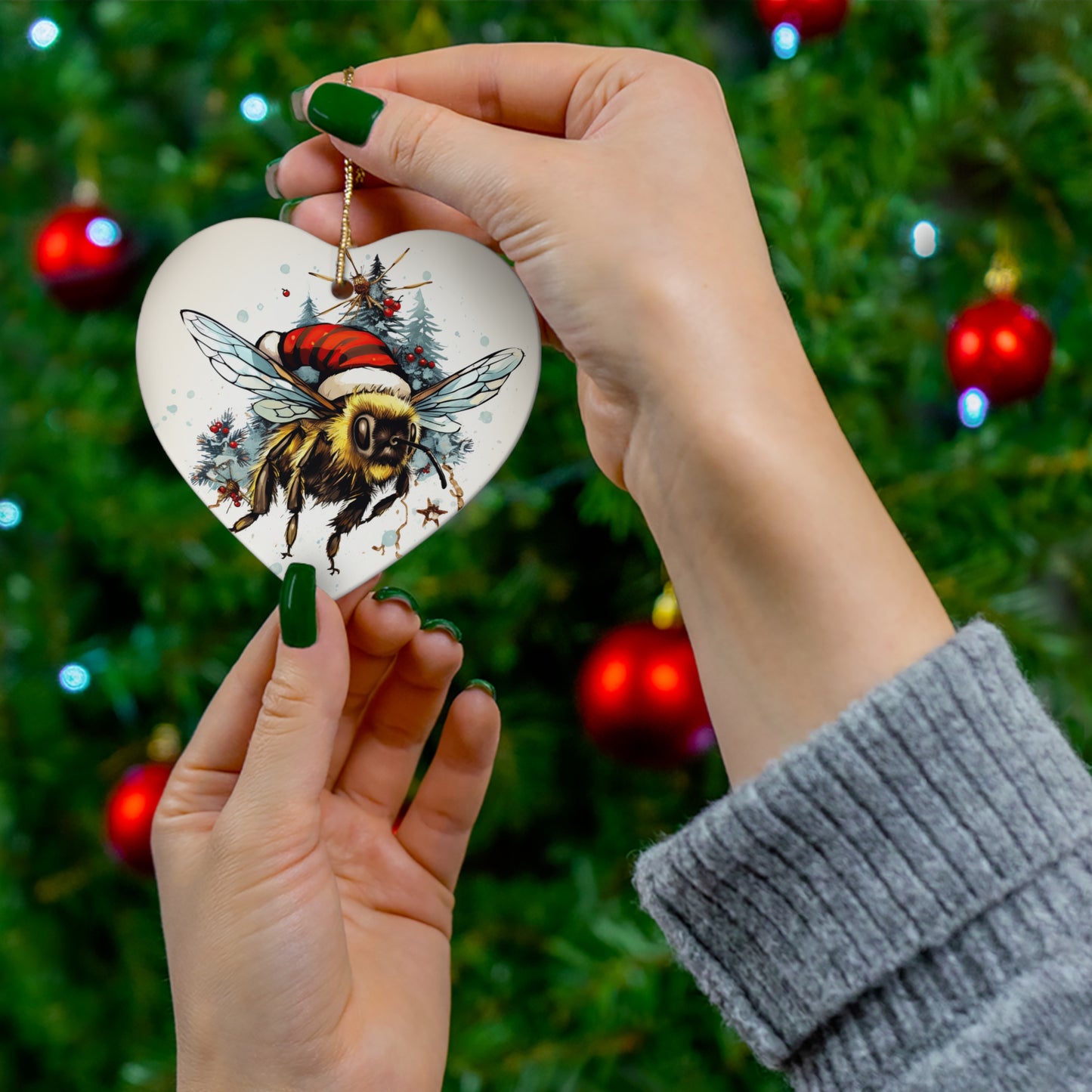 Bee Ornament Save the Bees, Bee Garden, Bee in Santa Hat Art Ornament, Bee Conservation Christmas Gift, Ceramic Ornament for Christmas Tree