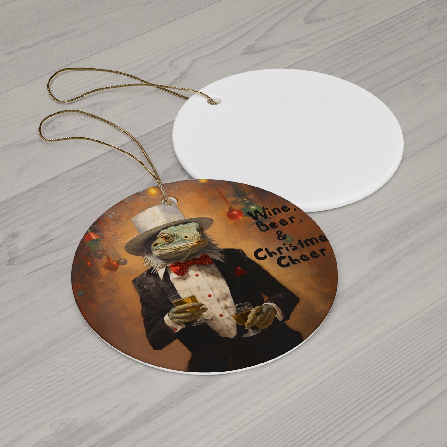Drinking Lizard Christmas Cheer, Holiday New Years Drinking Gift, Happy Hour Cocktails Ornament, Iguana, Reptile Lover Gift Ceramic Art