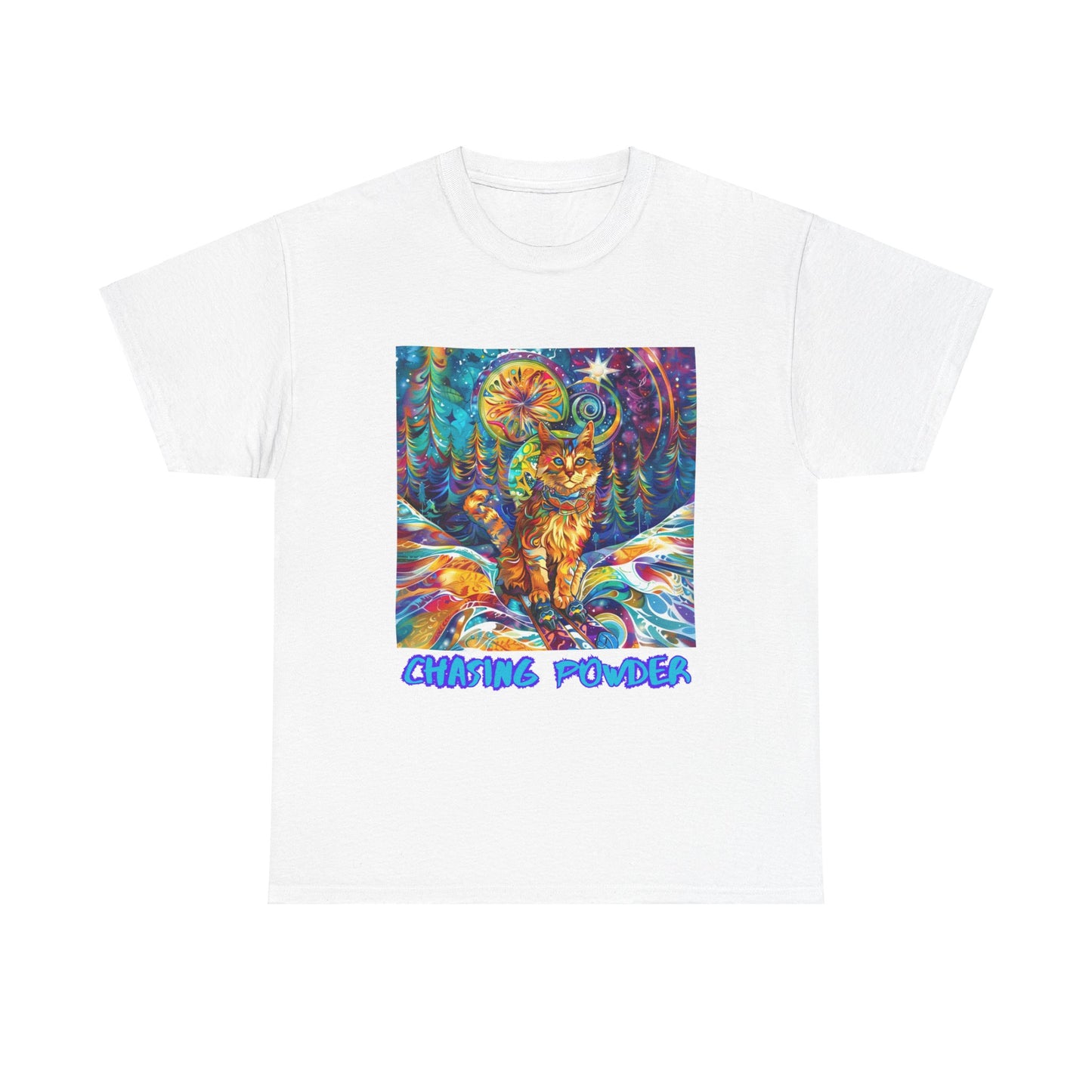 Chasing Powder - Snow, Snowboard Winter Sports Cat (V3) Cat Art Graphic Tee, Ski Gift - Cool Cats Unisex Heavy Cotton Tee T-Shirt