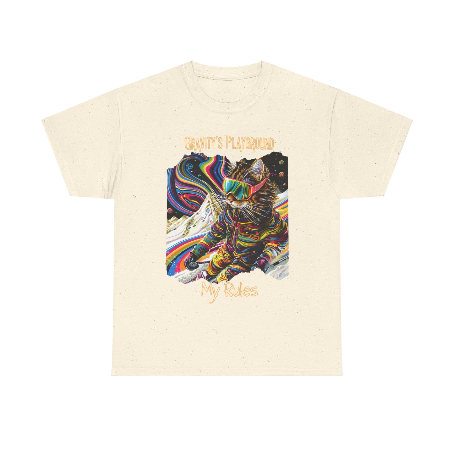 Gravity's Playground, MY Rules - Ski, Snow, Snowboard Winter Sports Cat (V2) Cat Art Gift -Cool Cats Graphic Tee Unisex Heavy Cotton Tee T-Shirt