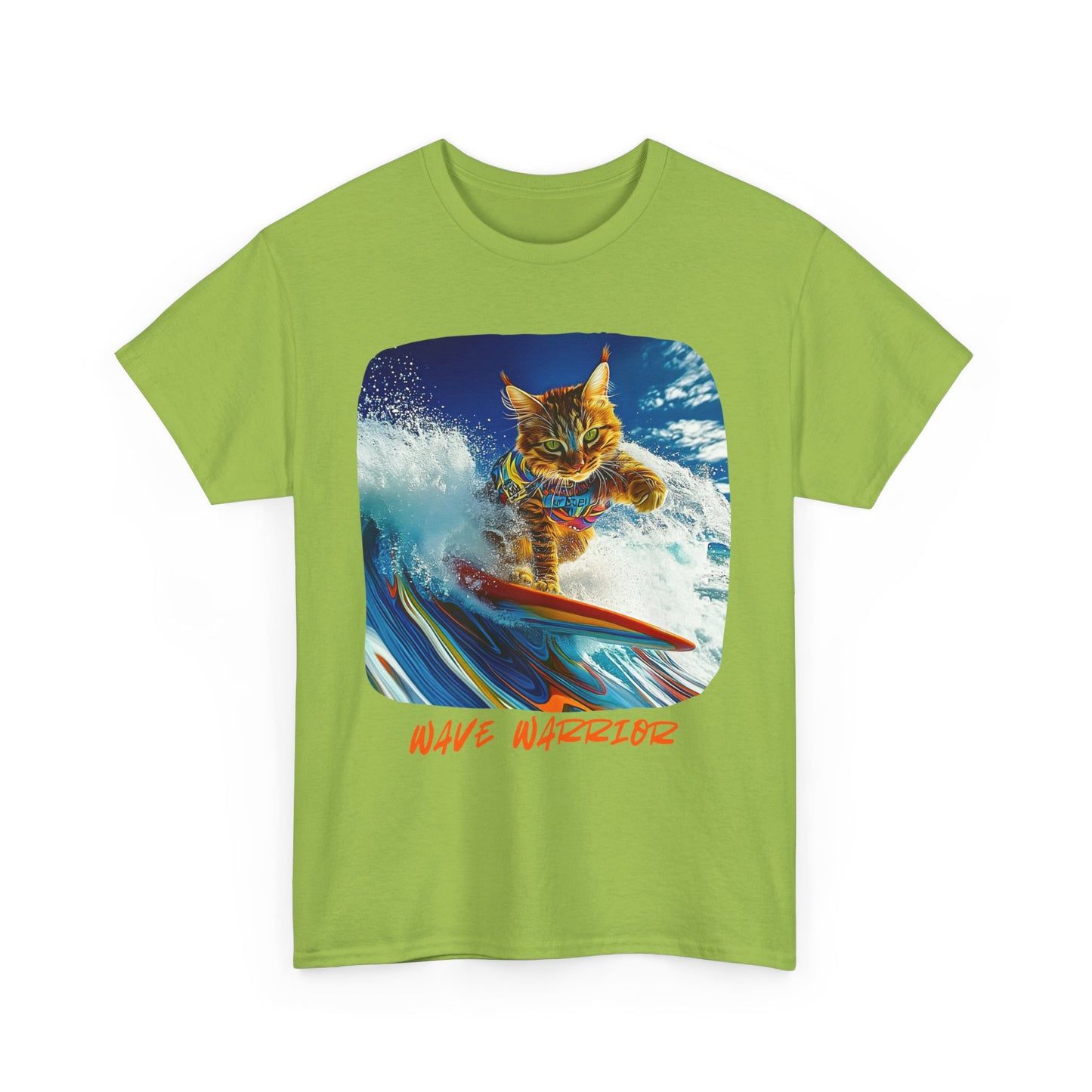Wave Warrior Surfer Surfing Cat, Cat on Surfboard Graphic Tee reads "Wave Warrior" Surf Life Cat ,Art Gift - Cool Cats Unisex Heavy Cotton Tee T-Shirt