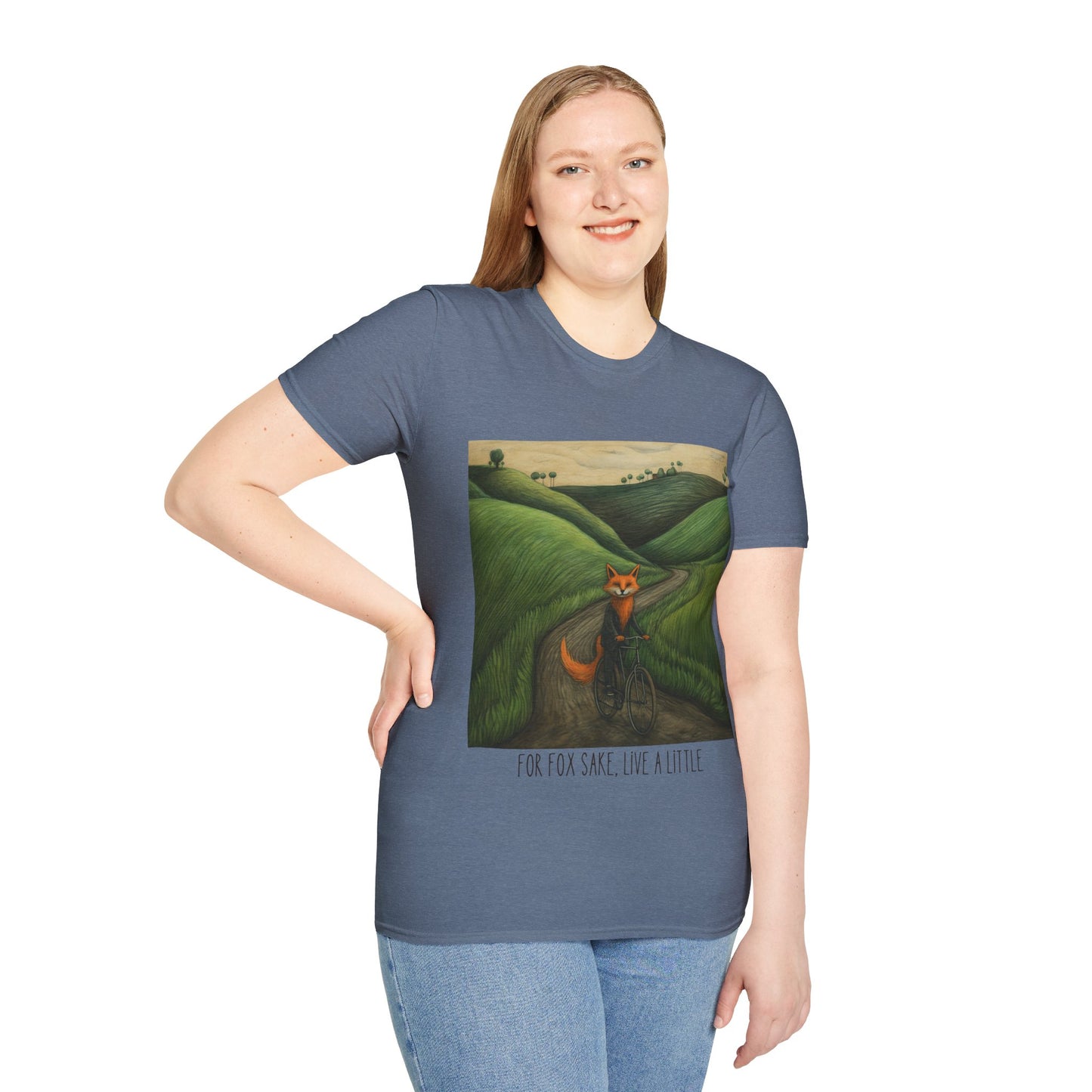 For Fox Sake, Live a Little - Red Fox on a Bicycle- Fox or Cycling Lover's Gift Unisex Tee Shirt, T-Shirt, Fox Lovers Gift Softstyle T-Shirt Tee Teeshirt
