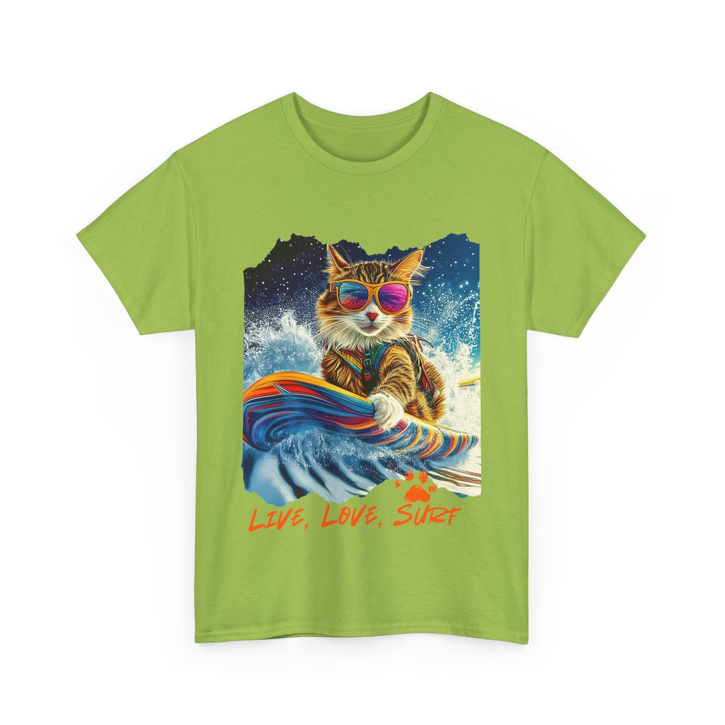 Live, Love Surf - Surfer Cat Graphic Tee, Cat on Surfboard reads "Live, Love Surf" Surf Life Cat ,Art Gift - Cool Cats Unisex Heavy Cotton Tee T-Shirt