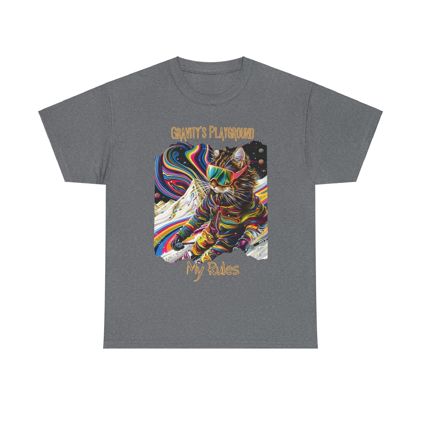 Gravity's Playground, MY Rules - Ski, Snow, Snowboard Winter Sports Cat (V2) Cat Art Gift -Cool Cats Graphic Tee Unisex Heavy Cotton Tee T-Shirt