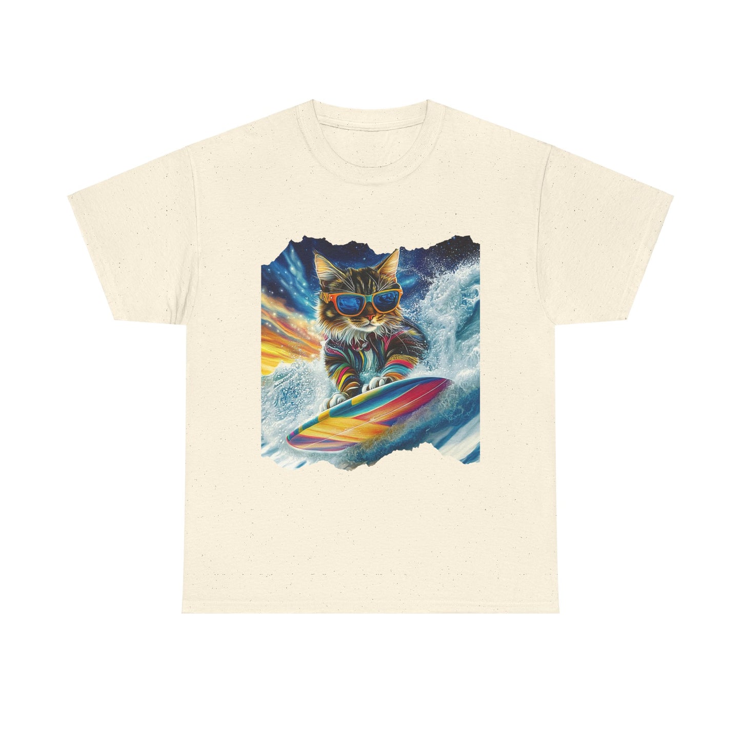 Surfer Surfing Cat, (Ver 2) Cat on Surfboard Graphic Tee- Water Sports Cat (V1) Cat Art Gift - Cool Cats Unisex Heavy Cotton Tee T-Shirt