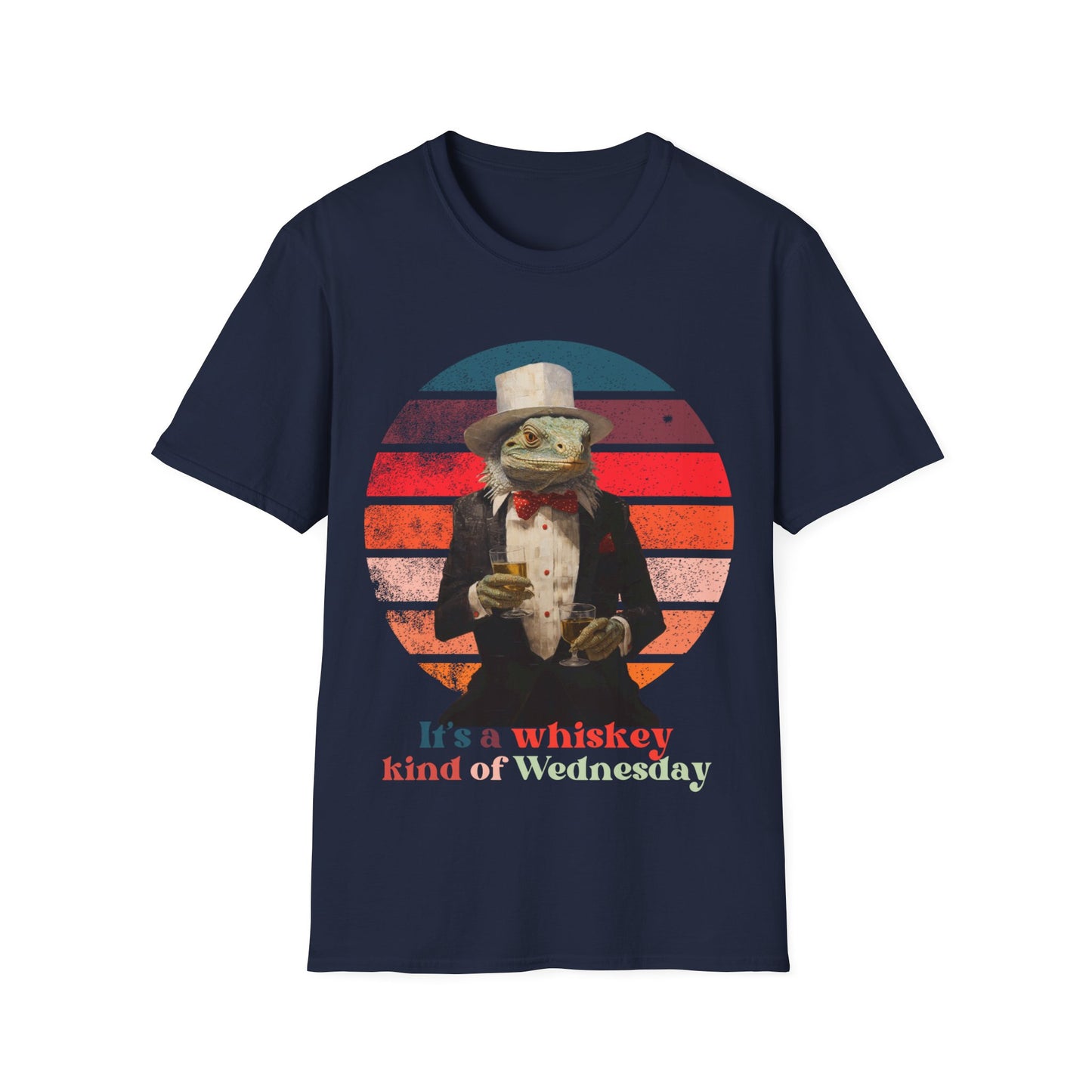 Retro Drinking Whiskey Iguana, "It's a Whiskey Kind of Wednesday" Cocktail, Happy Hour Drinking Gift Unisex Graphic Tee Shirt, T-Shirt Softstyle T-Shirt Tee Tee - New Years