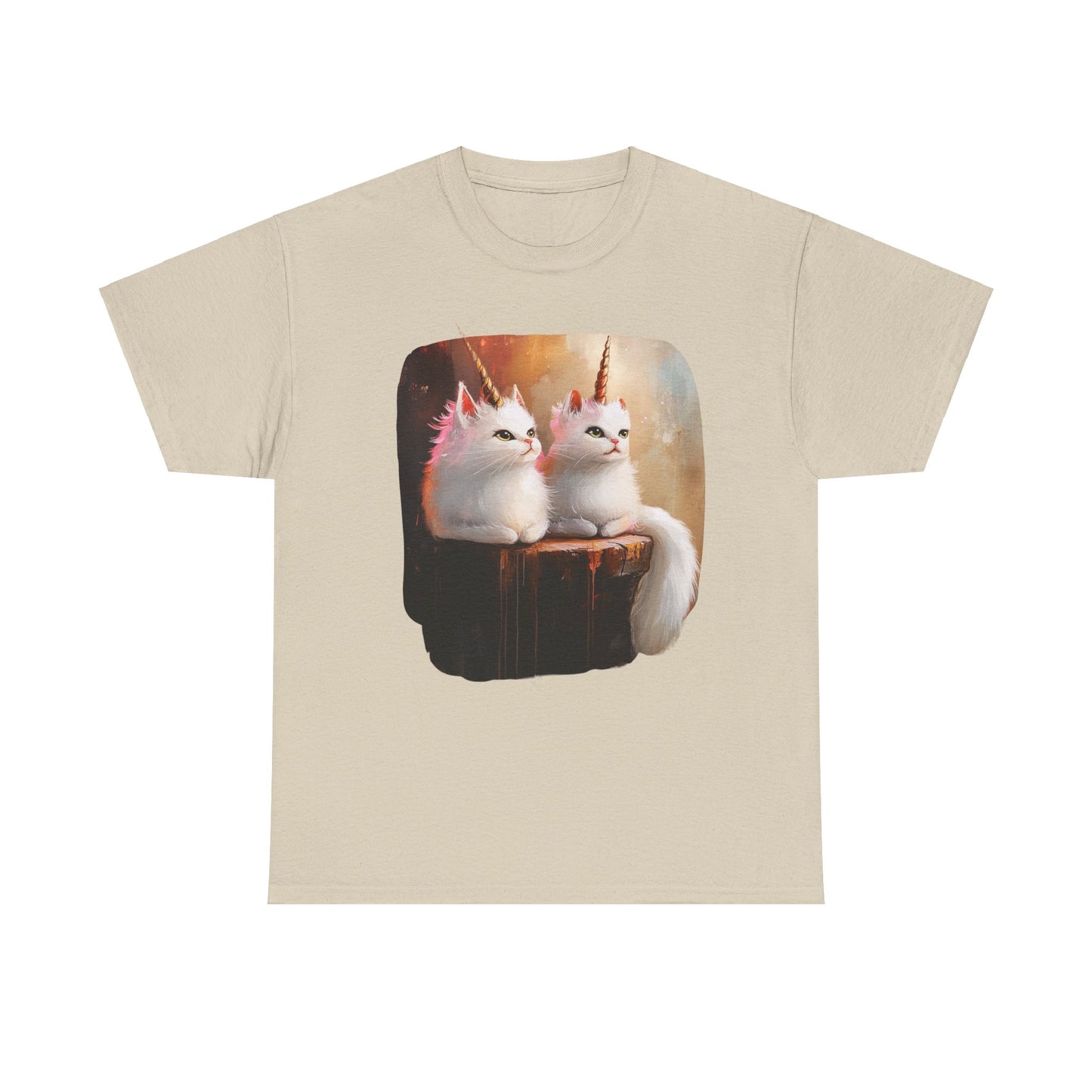Fluffy White Kawaii Unicorn Cat Graphic Tee - Cat Unicorn Mythical Creature Gift Unisex Adult Size Heavy Cotton Tee T-Shirt
