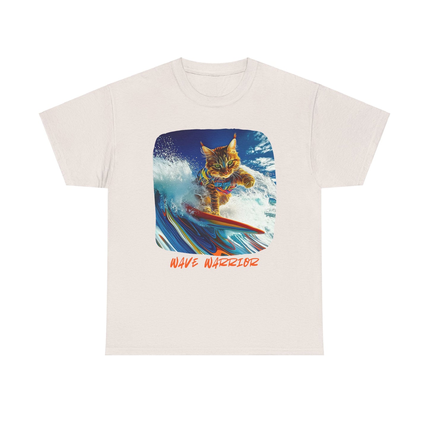 Wave Warrior Surfer Surfing Cat, Cat on Surfboard Graphic Tee reads "Wave Warrior" Surf Life Cat ,Art Gift - Cool Cats Unisex Heavy Cotton Tee T-Shirt