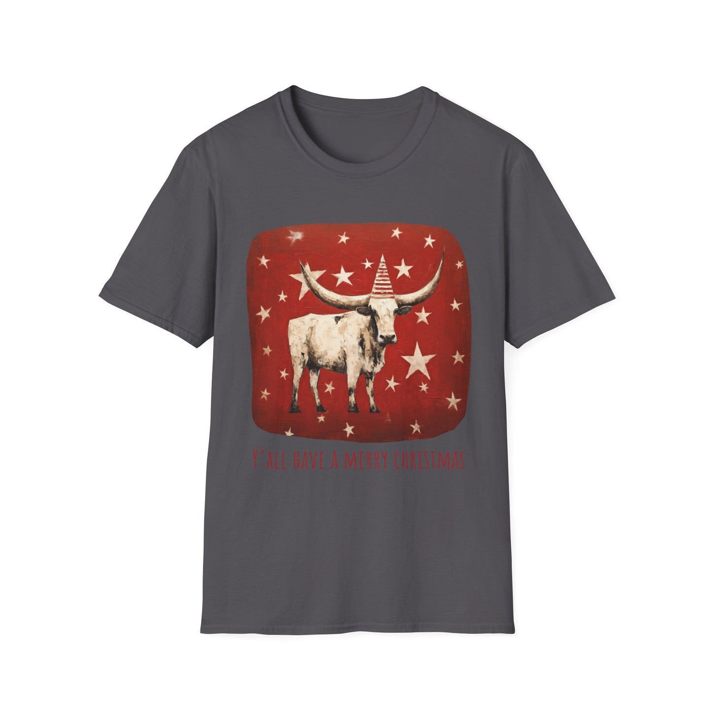 "Y'all Have a Merry Christmas" Southern Christmas Greeting, Longhorn Cattle Rodeo Shirt, Longhorn Cattle Texas Oklahoma Gift Unisex Tee Shirt, T-Shirt Graphic Tee T-Shirt