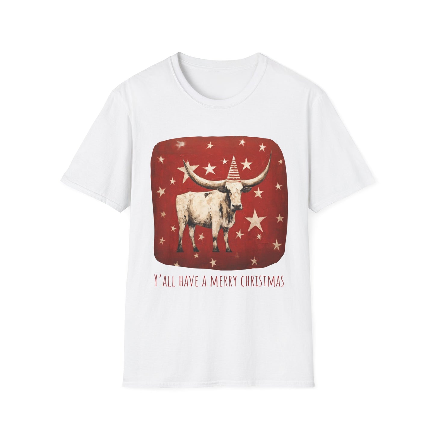 "Y'all Have a Merry Christmas" Southern Christmas Greeting, Longhorn Cattle Rodeo Shirt, Longhorn Cattle Texas Oklahoma Gift Unisex Tee Shirt, T-Shirt Graphic Tee T-Shirt