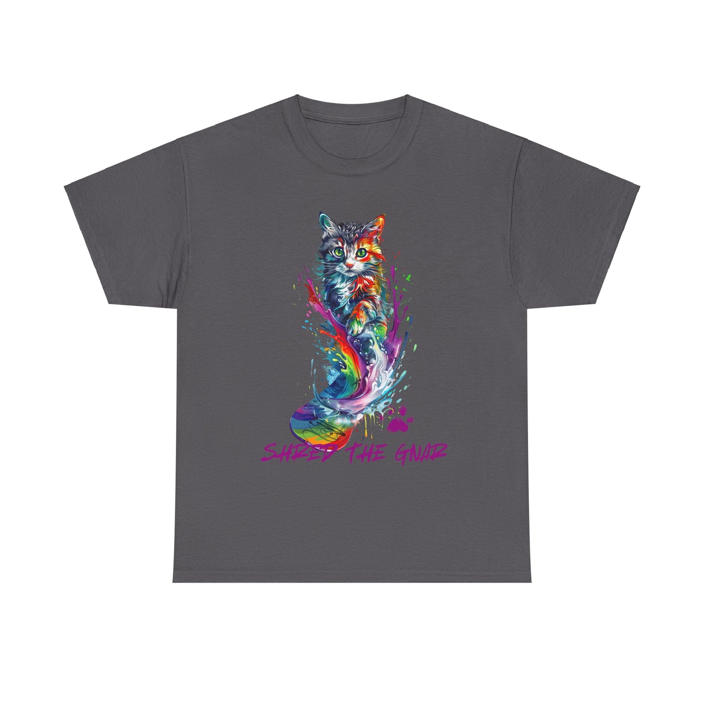 Shred the Gnar Snowboard Cat Graphic Tee, Winter Cat Art Gift - Cool Cats Unisex Heavy Cotton Tee T-Shirt