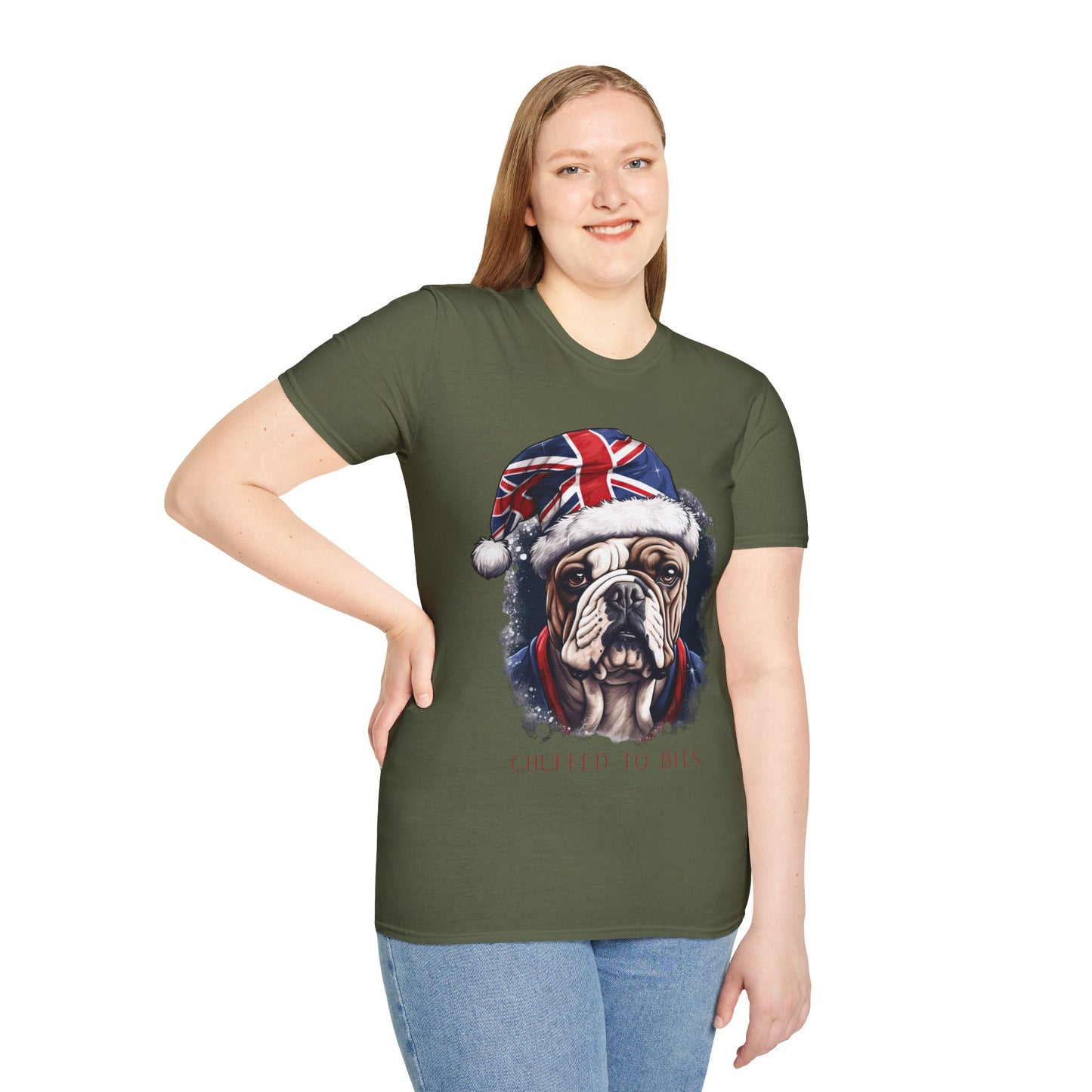 English Bulldog, Chuffed To Bits T-Shirt, British Union Jack, Mens Womans Unisex Shirt Softstyle T-Shirt Teeshirt Anglophile