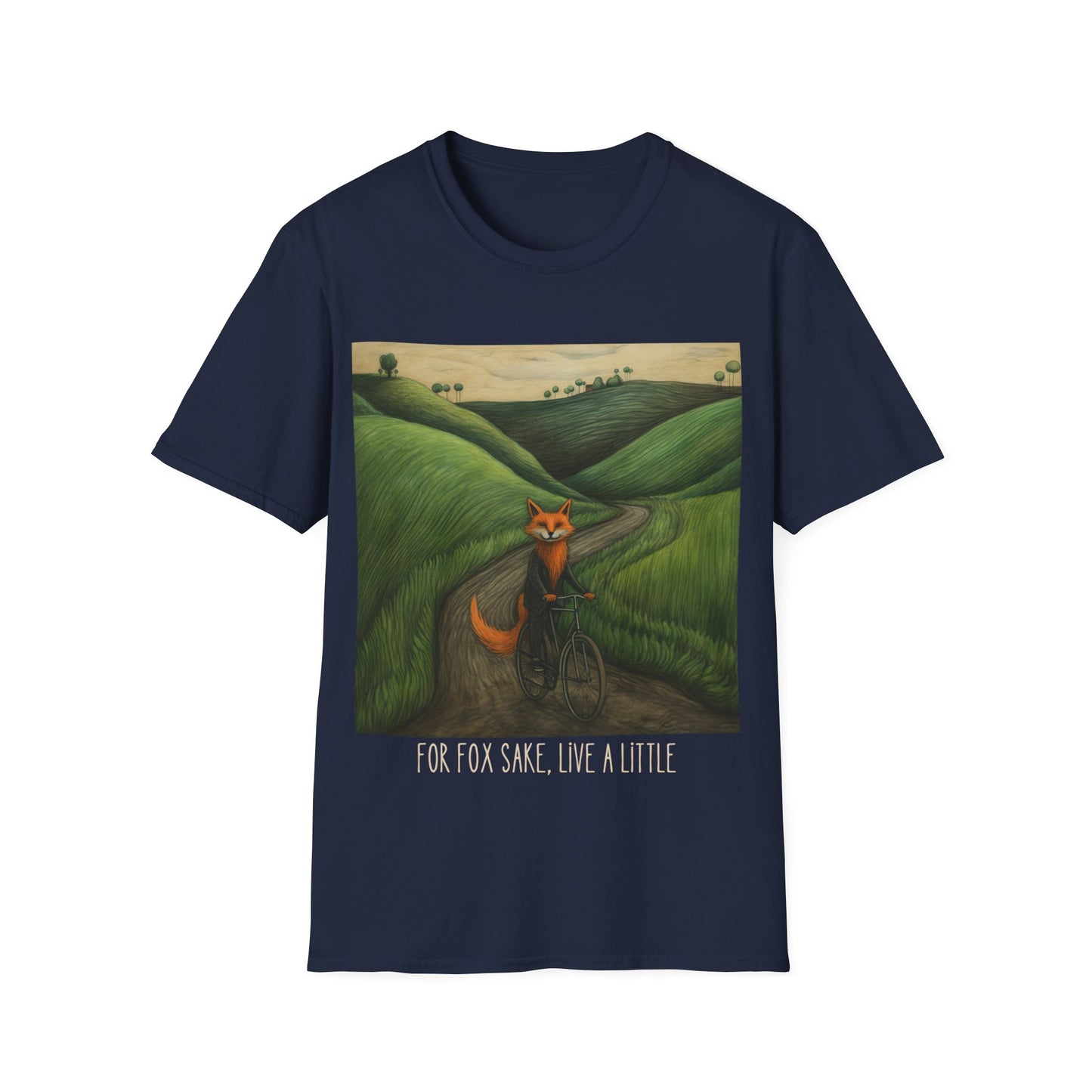 For Fox Sake, Live a Little - Red Fox on a Bicycle- Fox or Cycling Lover's Gift Unisex Tee Shirt, T-Shirt, Fox Lovers Gift Softstyle T-Shirt Tee Teeshirt