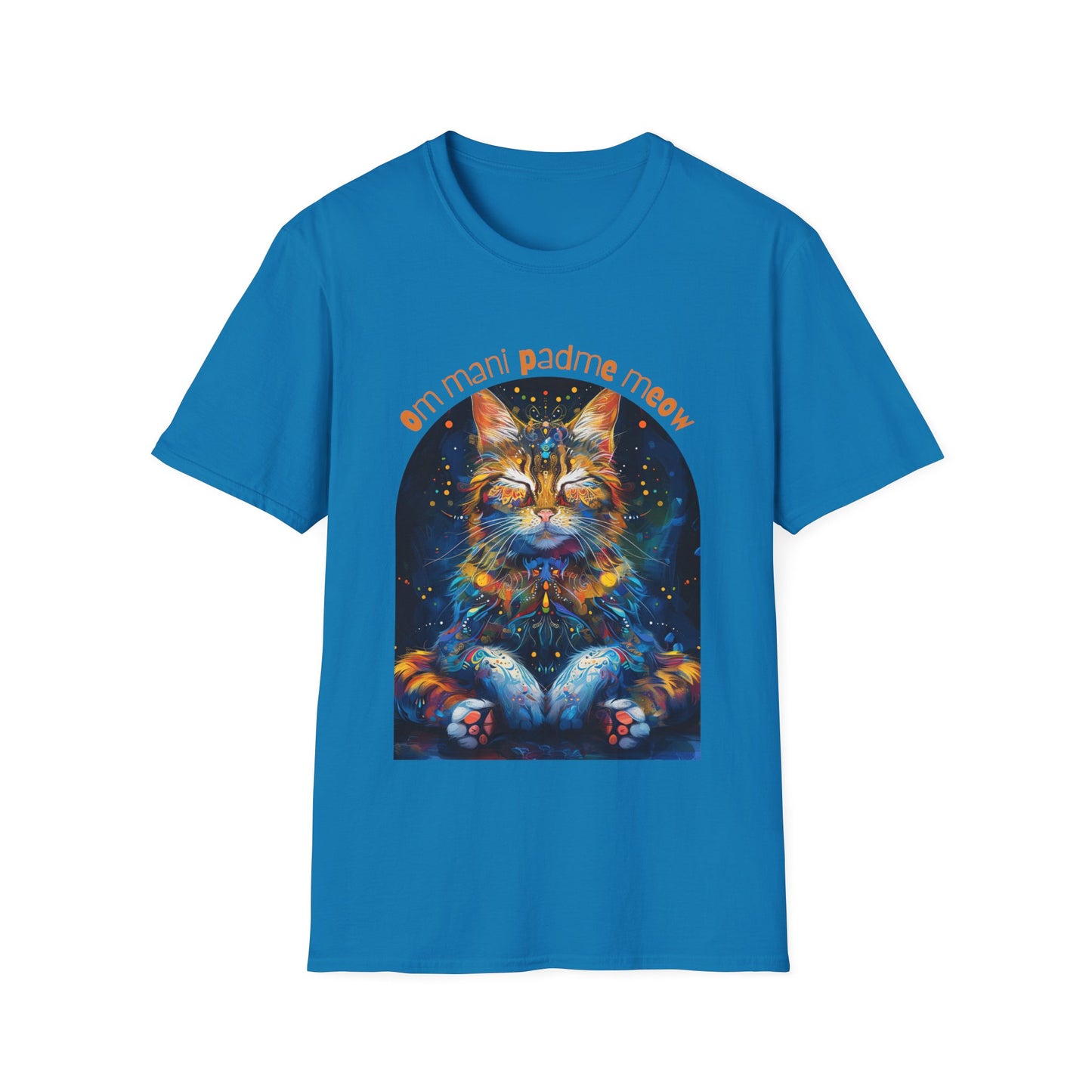 Om Mani Padme Meow (Ver 3) - Meditating Cat Shirt, Cat Lover's Graphic Tee Graphic Unisex T- Shirt, T-Shirt Cat Lovers Gift Softstyle T-Shirt Tee Teeshirt Stylized Cat