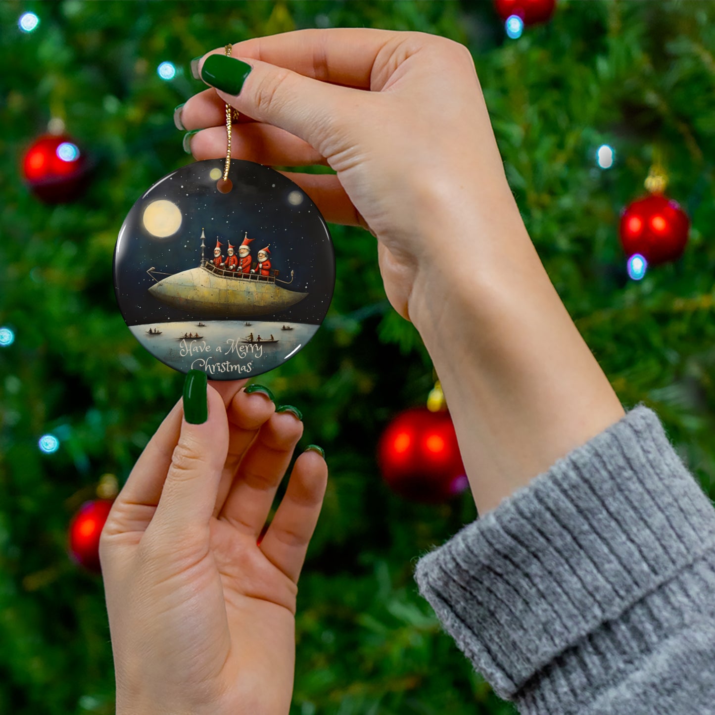 Santa's UFO Spaceship Ceramic Christmas Tree Ornament, Gift, Zeppelin Airship Flying Over the North Seas