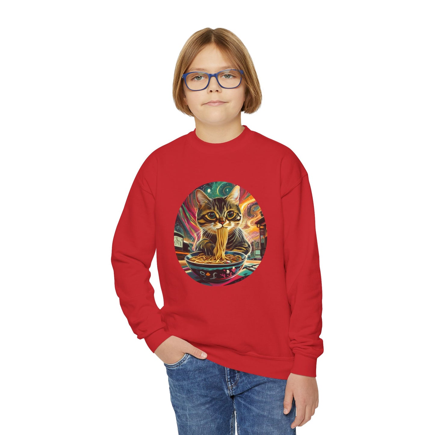 Slurping Noodle Ramen Bowl Cats for Kids Sweatshirt - Slurping Noodle Kitty Cat Youth Crewneck Sweatshirt -Christmas Cat Gift