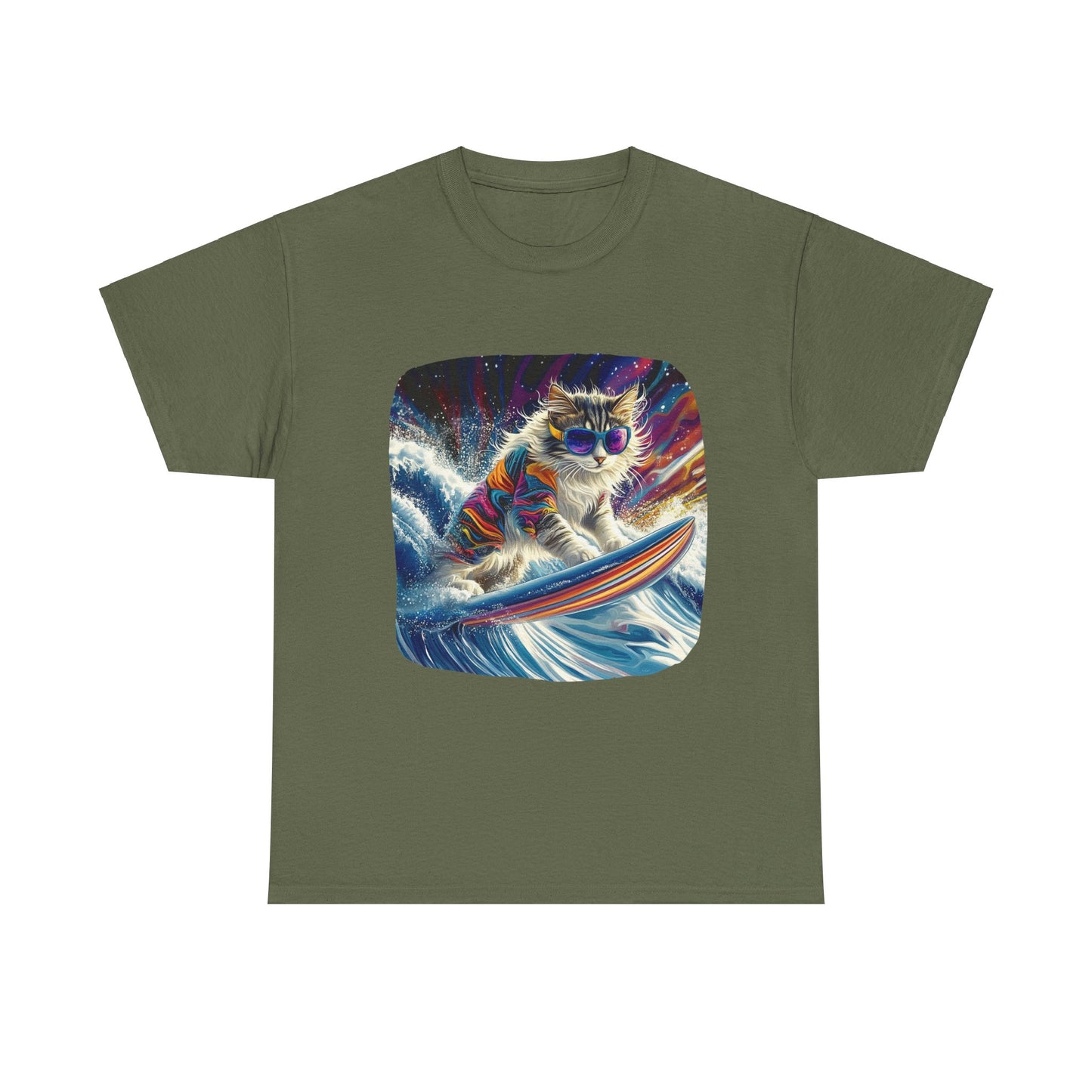 Rip Girl Surfing Surfer Cat, Cat on Surfboard Graphic Tee- Water Sports Cat (V1) Cat Art Gift - Cool Cats Unisex Heavy Cotton Tee T-Shirt