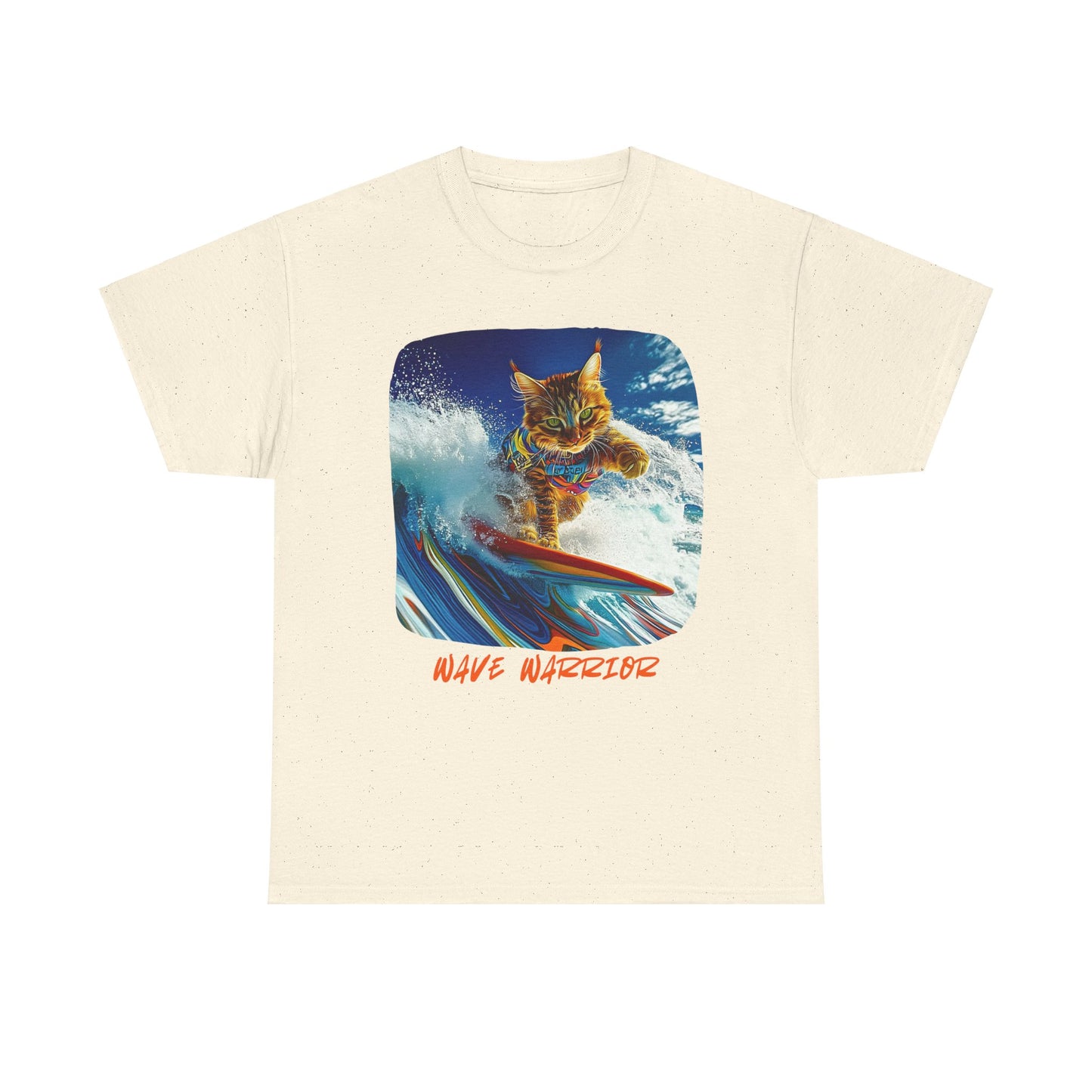 Wave Warrior Surfer Surfing Cat, Cat on Surfboard Graphic Tee reads "Wave Warrior" Surf Life Cat ,Art Gift - Cool Cats Unisex Heavy Cotton Tee T-Shirt