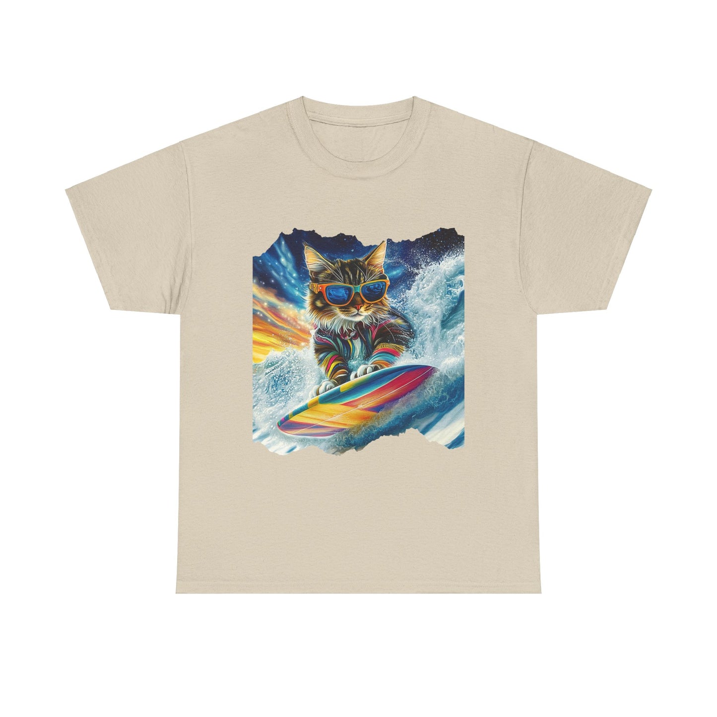 Surfer Surfing Cat, (Ver 2) Cat on Surfboard Graphic Tee- Water Sports Cat (V1) Cat Art Gift - Cool Cats Unisex Heavy Cotton Tee T-Shirt