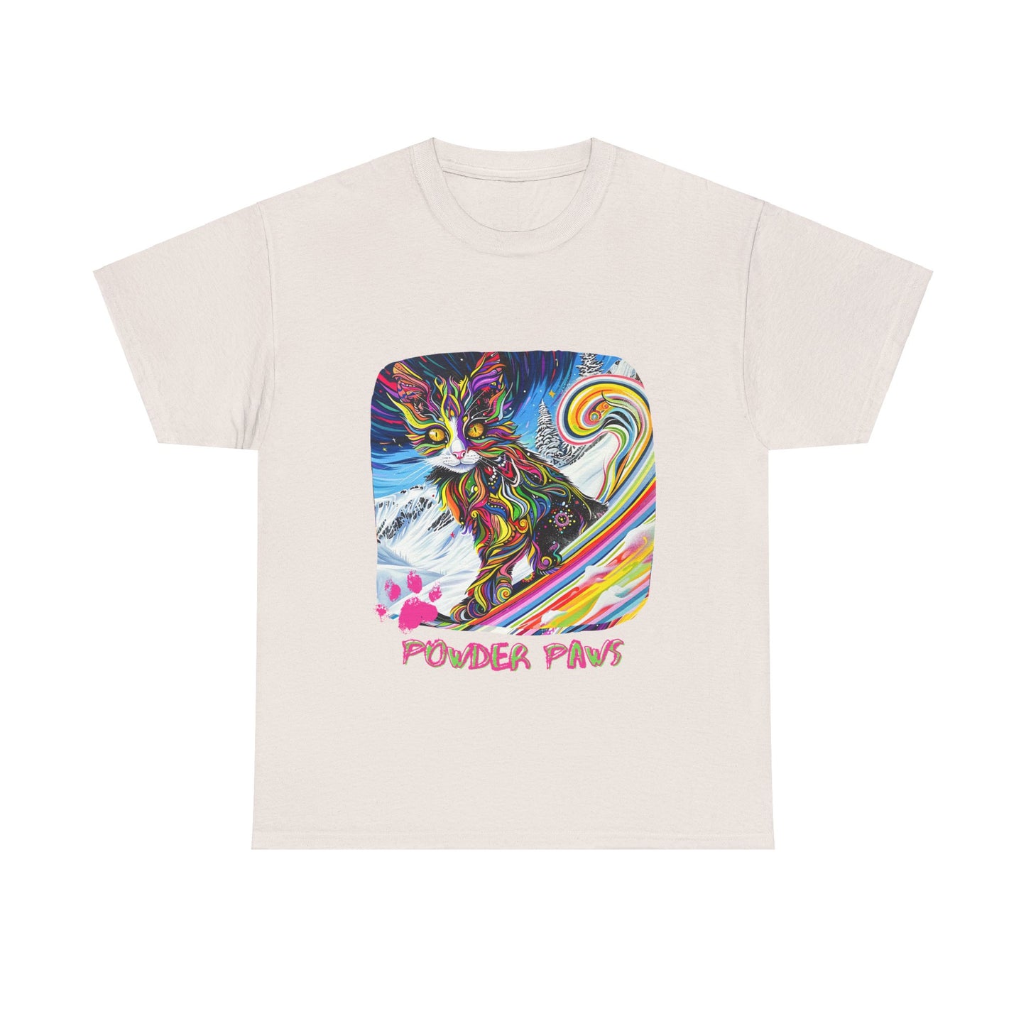 Powder Paws Snow, Snowboard Winter Sports Cat - Cat Art Graphic Tee, Ski Gift - Cool Cats Unisex Heavy Cotton Tee T-Shirt