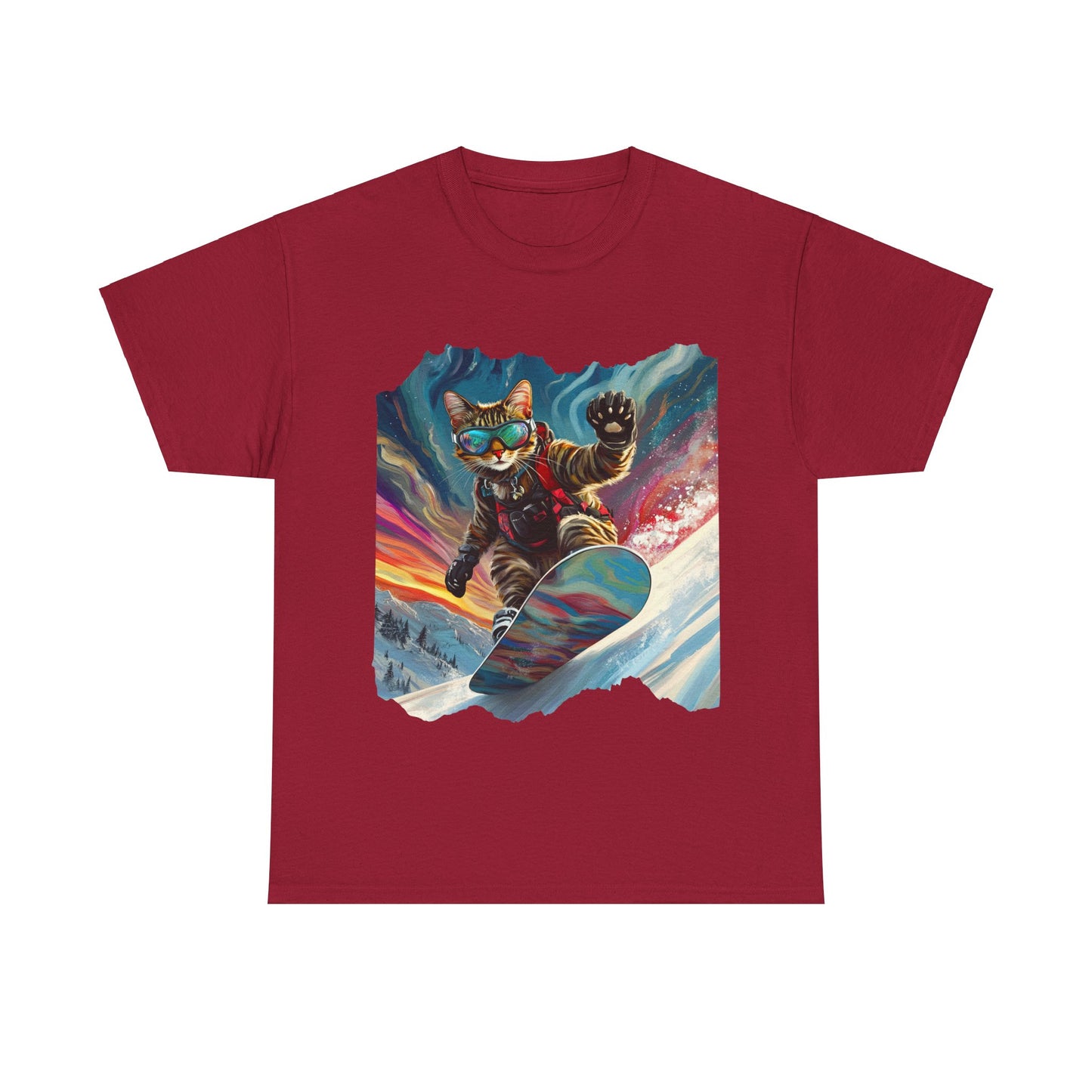 Snowboard Cat, Winter Ski Cat Art Gift - Cool Cats Unisex Heavy Cotton Tee T-Shirt