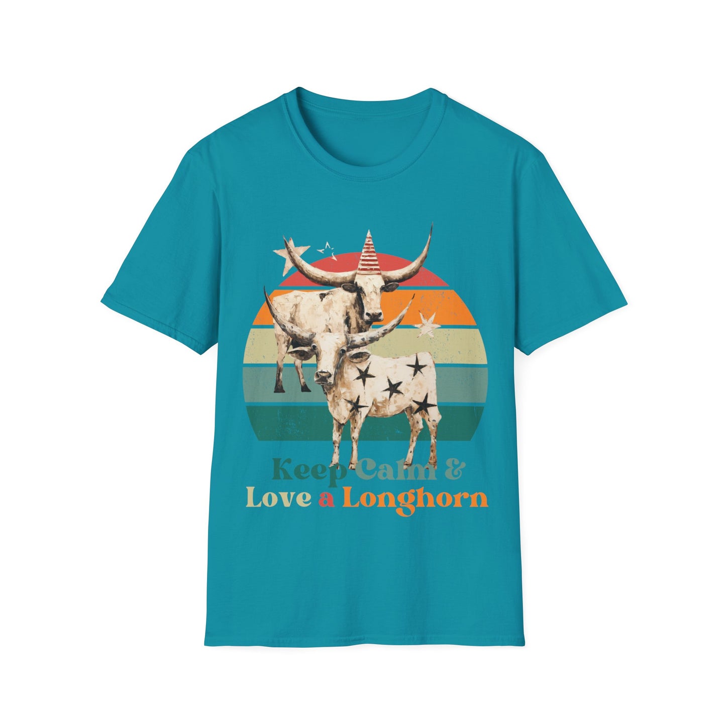 Retro Longhorn Texas Style "Keel Calm & Love a Longhorn" Cattle, Rodeo, Texas Star, Graphic T-Shirt, Texas Softstyle Unisex Tee Shirt - 60s 70s Vibe- Keep Calm Shirt