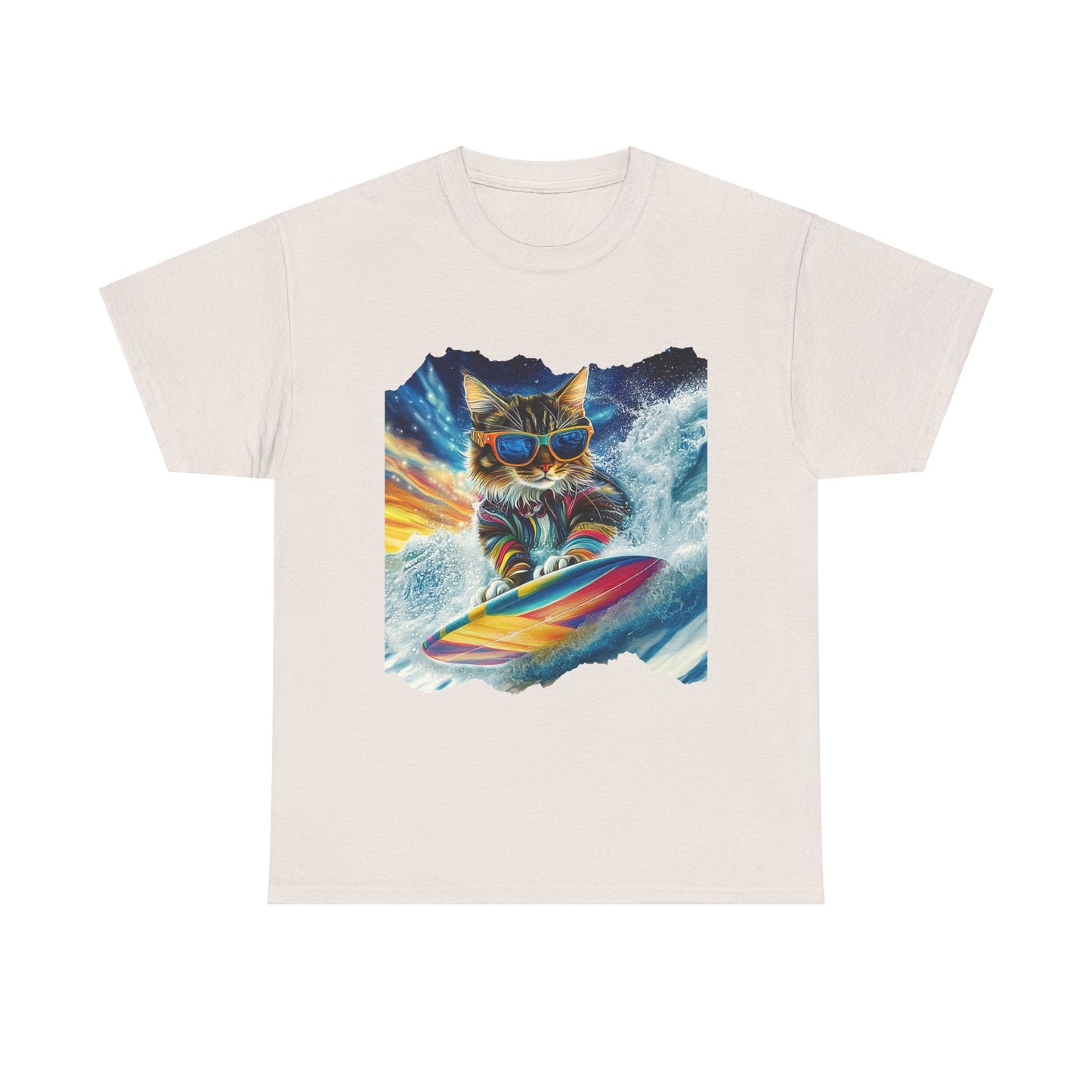 Surfer Surfing Cat, (Ver 2) Cat on Surfboard Graphic Tee- Water Sports Cat (V1) Cat Art Gift - Cool Cats Unisex Heavy Cotton Tee T-Shirt