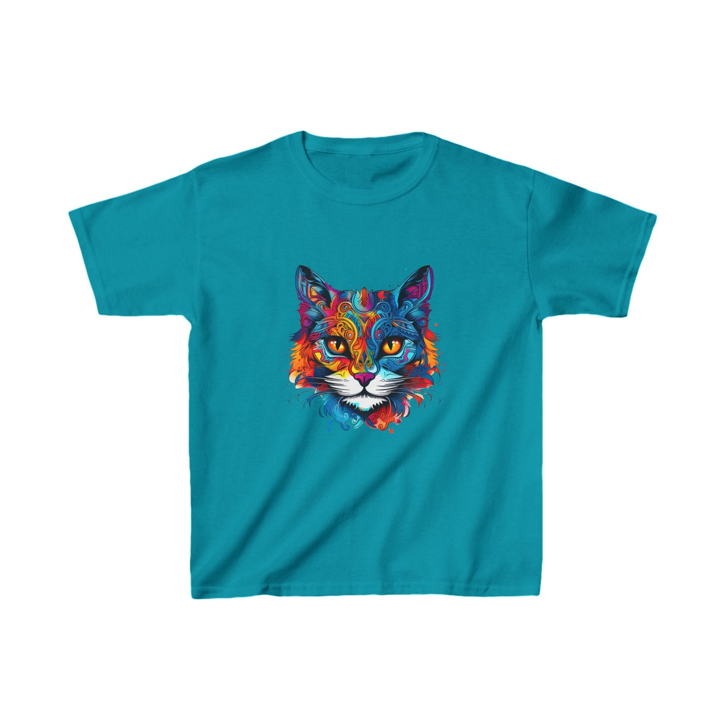 Jewel Tone Kids Cat Graphic Tee - Vibrant Cute Cat Design for Young Cat Lovers