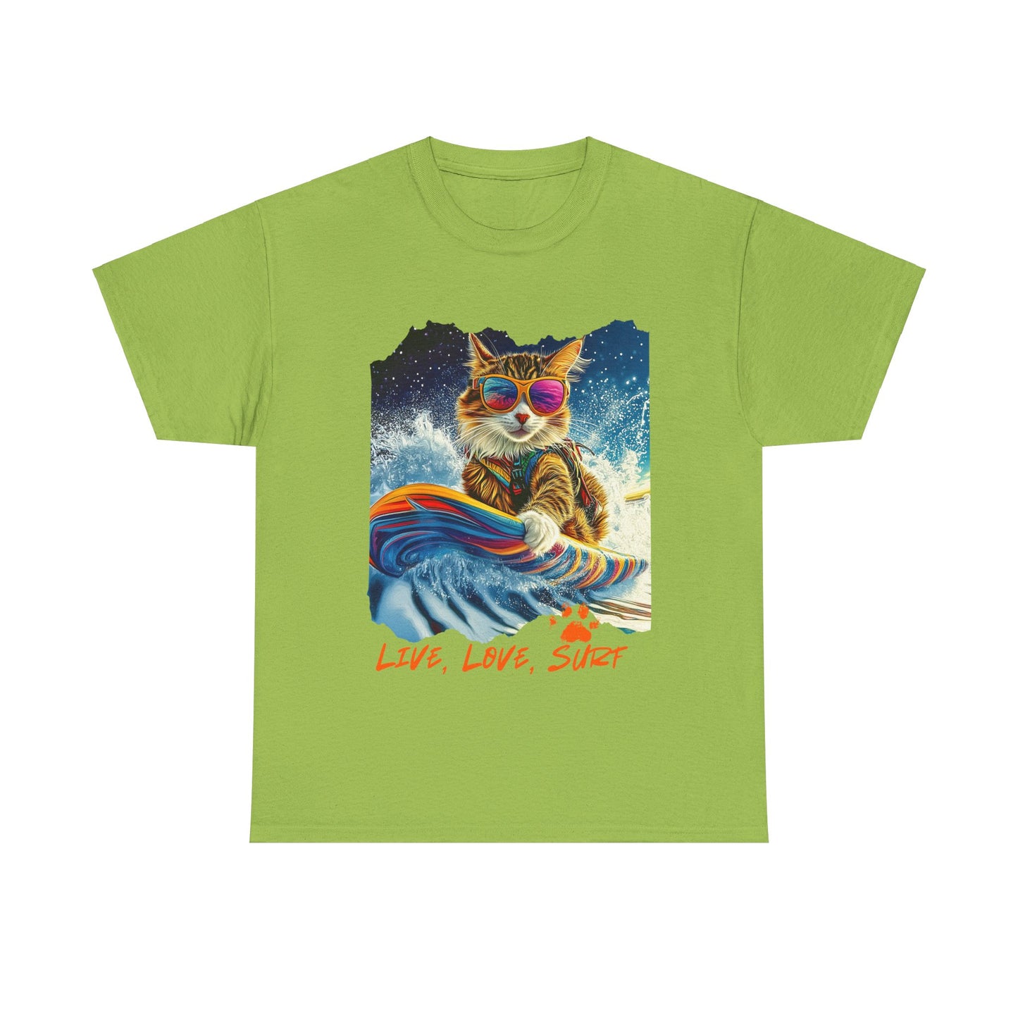 Live, Love Surf - Surfer Cat Graphic Tee, Cat on Surfboard reads "Live, Love Surf" Surf Life Cat ,Art Gift - Cool Cats Unisex Heavy Cotton Tee T-Shirt