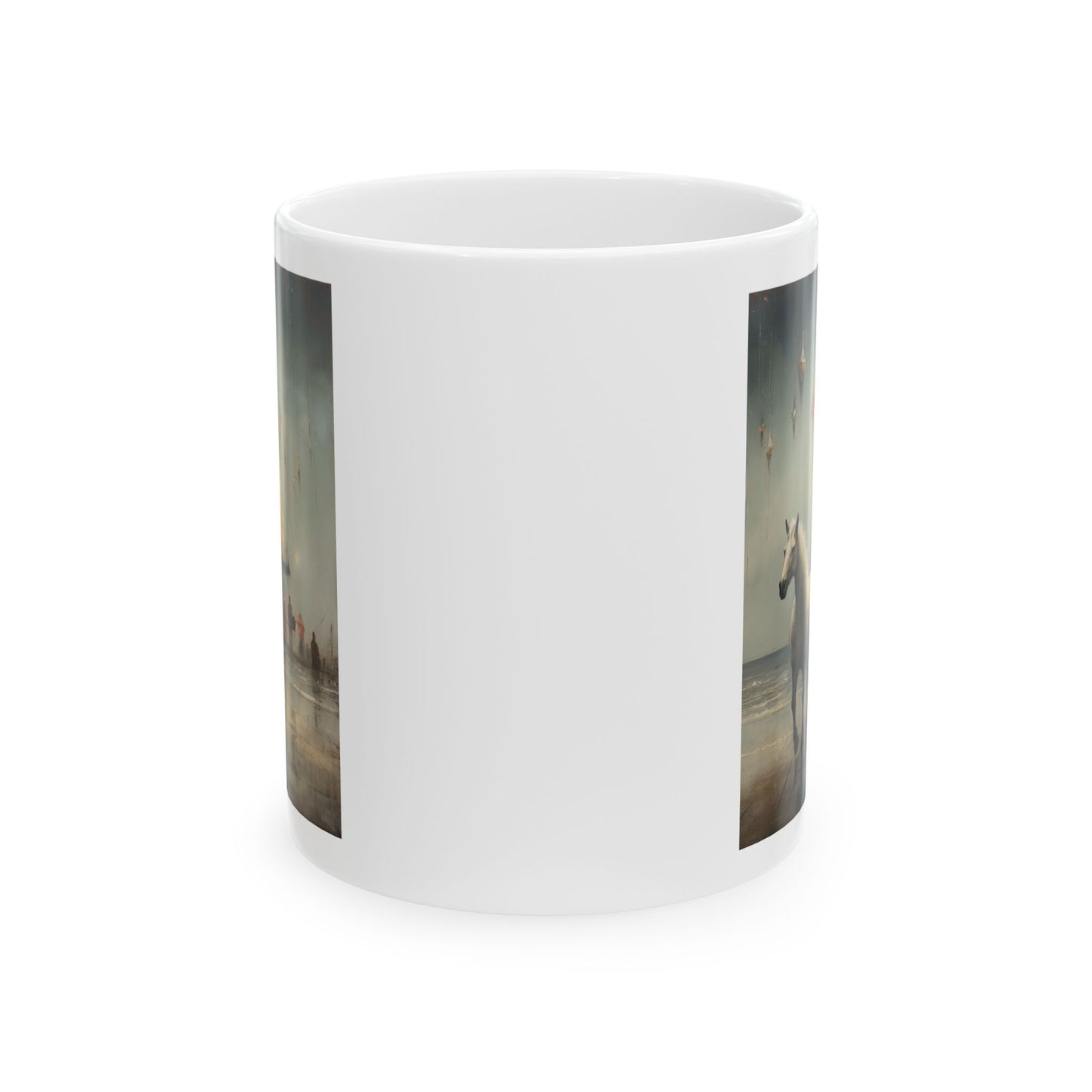 White Christmas Whimsical Horse, Horse on a Pier, Christmas Gift Mug, White Horse Lover Cat Enthusiast Printed Ceramic Mug 11oz